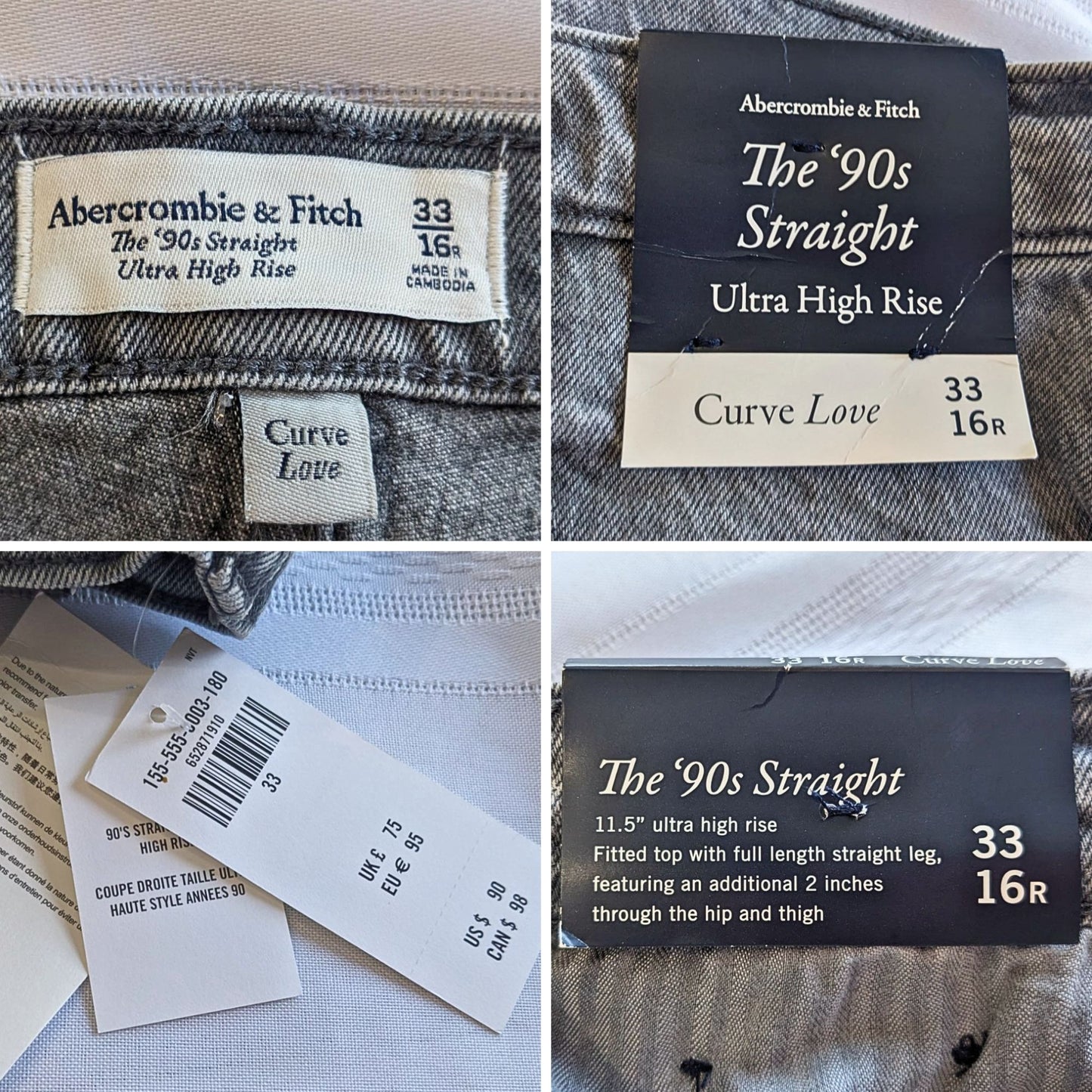 NWT ABERCROMBIE & FITCH 90s Straight Ultra High Rise Curve Love Jeans Sz 33x16R