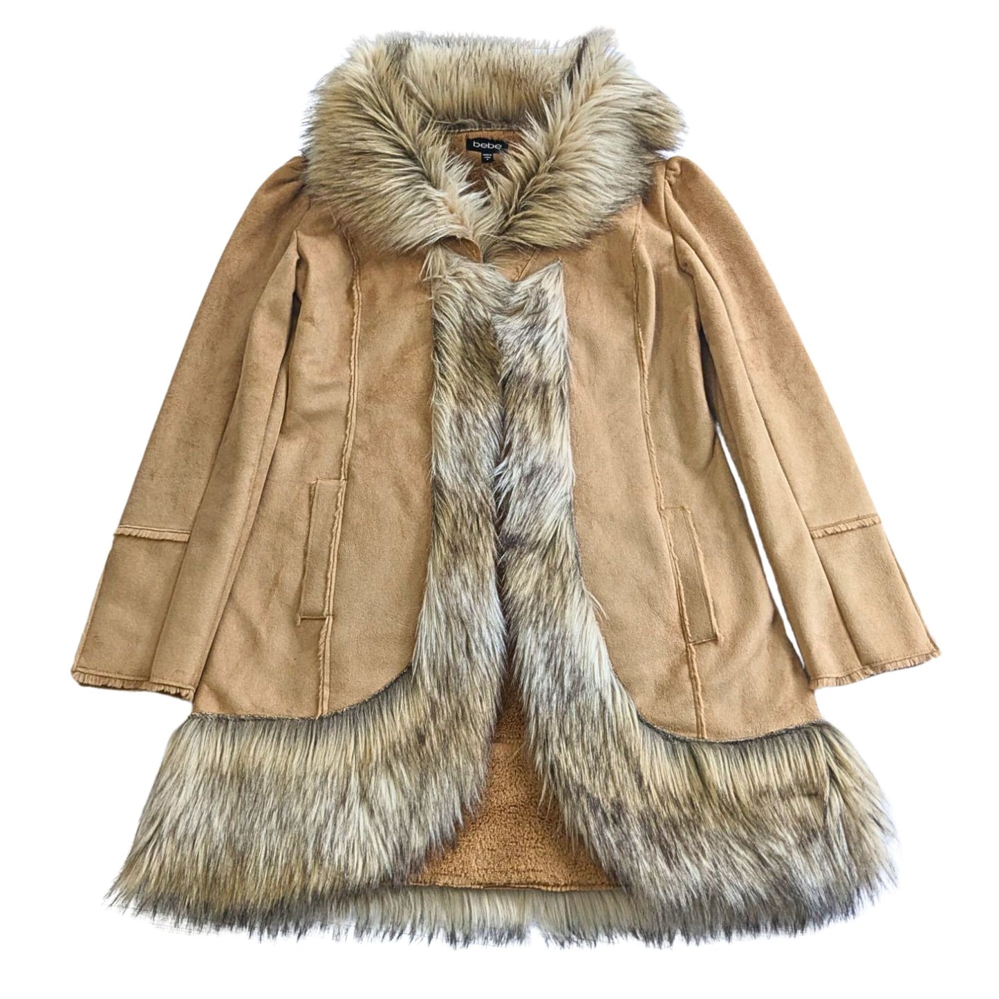 Vintage Y2K BEBE Camel Penny Lane Faux Fur & Vegan Suede 3/4 Coat Size S