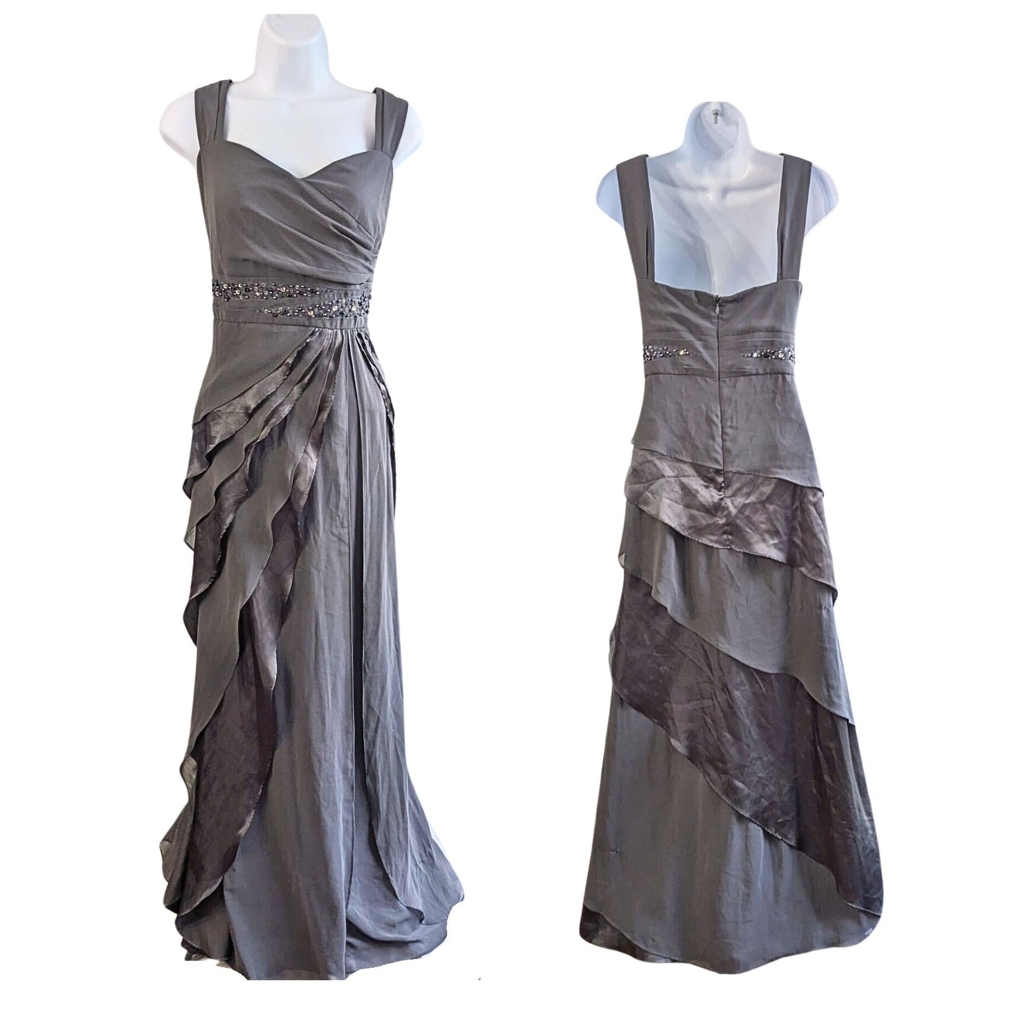 MIDNIGHT VELVET Nicoletta Smoky Gray Sequin Chiffon Satin Waterfall Gown Size 16
