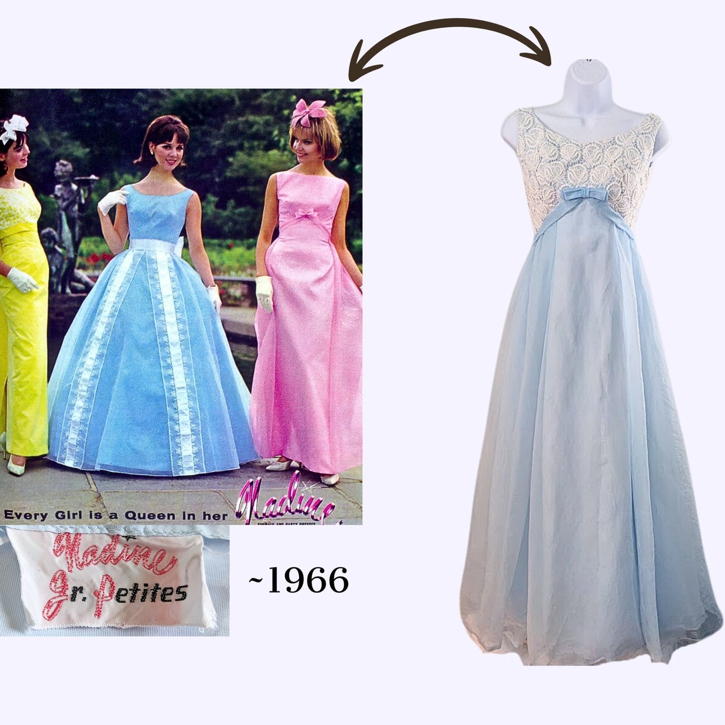 Vtg Mid-60s NADINE JR. Petites Cinderella Blue Chiffon Lace Prom Gown Size XS