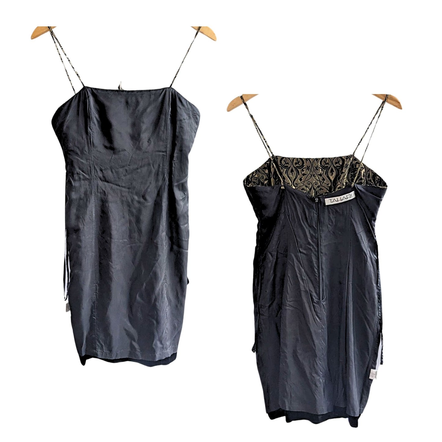 Vintage Y2K TAHARI Black Velvet Gold Lurex Brocade Mini Slip Dress Size 4