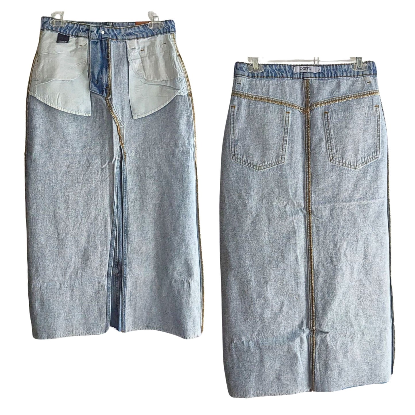 NWT PARKE Button Down Medium-Light Wash Midi Maxi Denim Skirt Size L