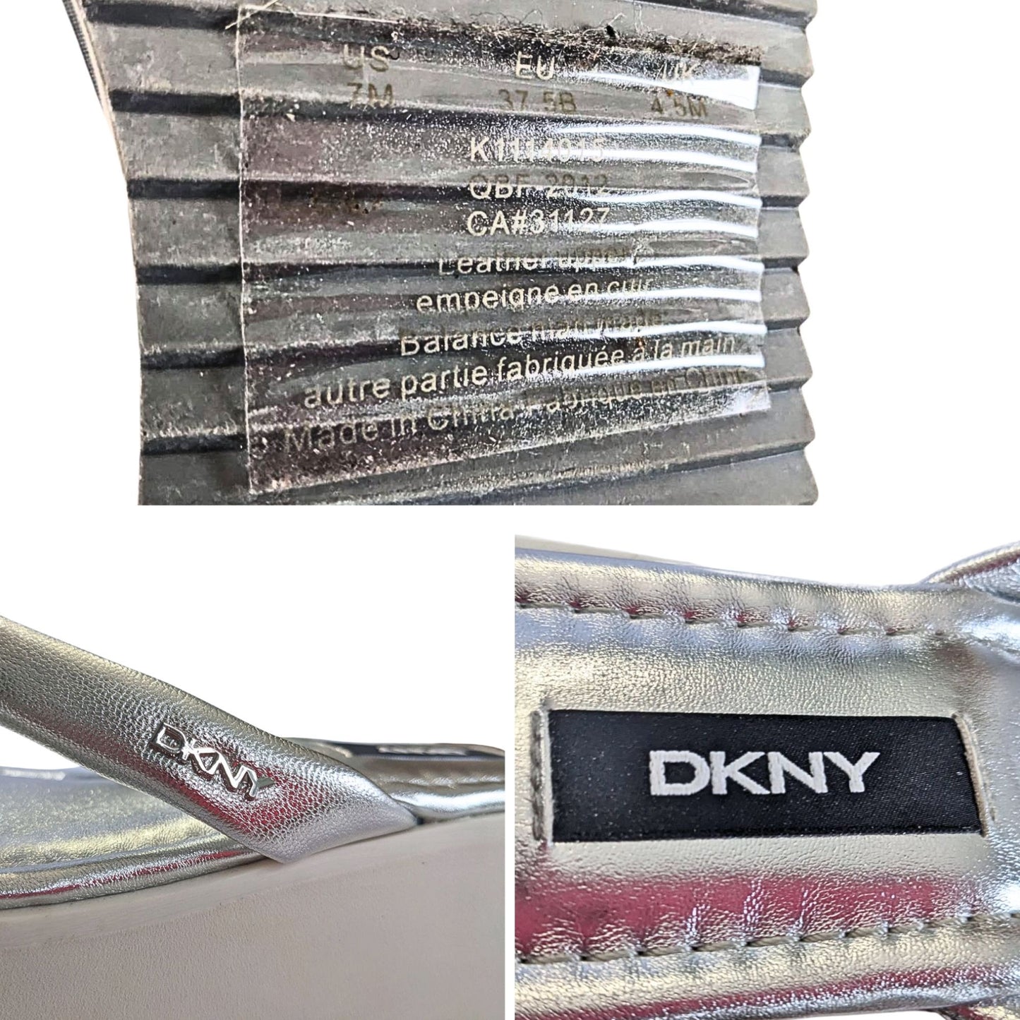 NWT Vtg Y2K DKNY Maeryn Metallic Silver Leather White Platform Flip Flops Sz 7M