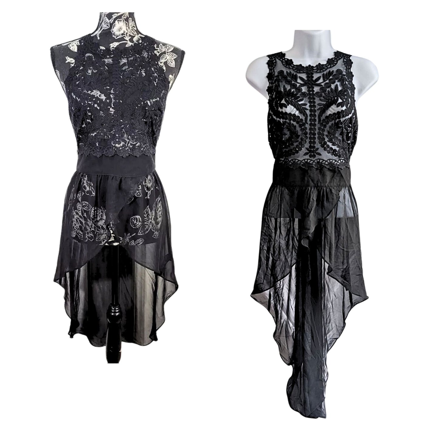 NWT BEBE Black Hi-Lo Embroidered Tulle Lace Overlay Festival Boho Tunic Top Sz L