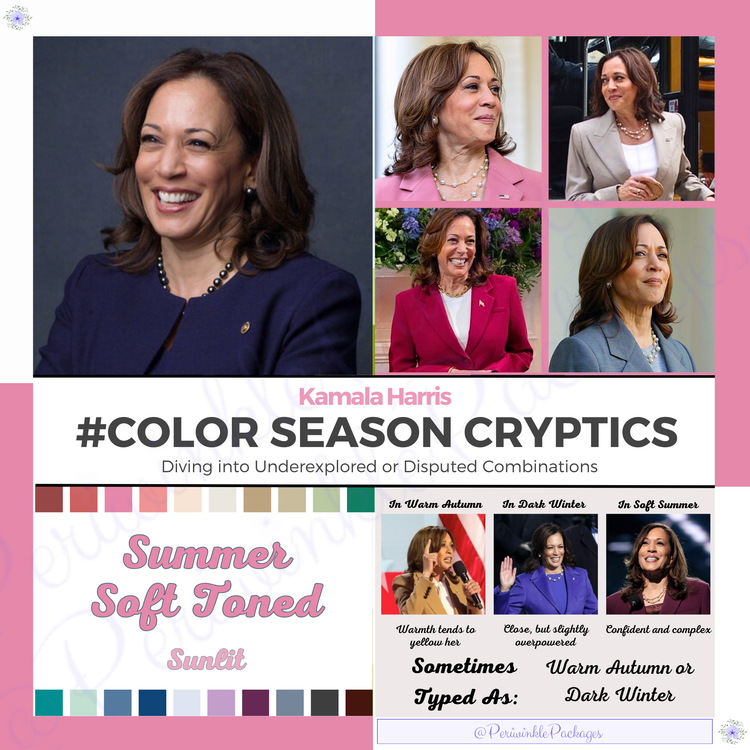 Collage of photos of Kamala Harris and her color analysis season, Summer Soft Toned. From Periwinkle Packages