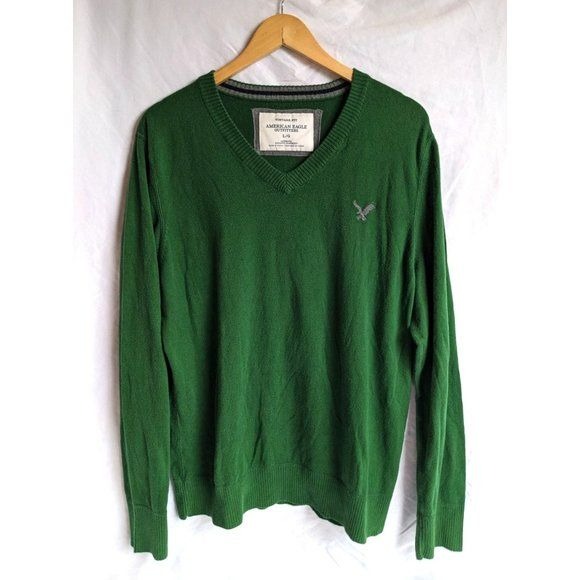 AMERICAN EAGLE Forest Green V-Neck Sweater 100% Cotton Vintage Fit Size L