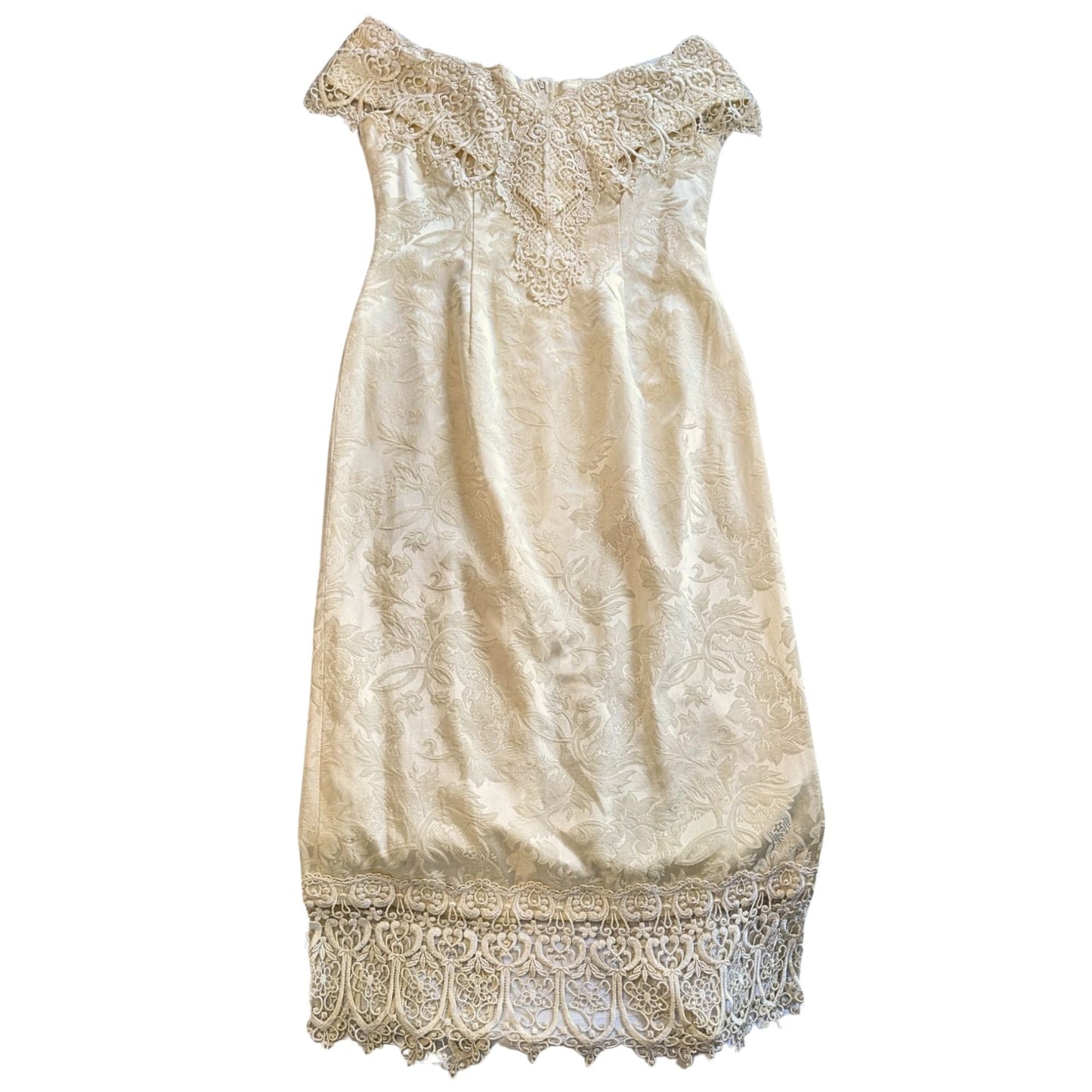 Vintage 80s LORALIE Ivory Romanian Macramé Lace Damask Wedding Sheath Dress Sz12