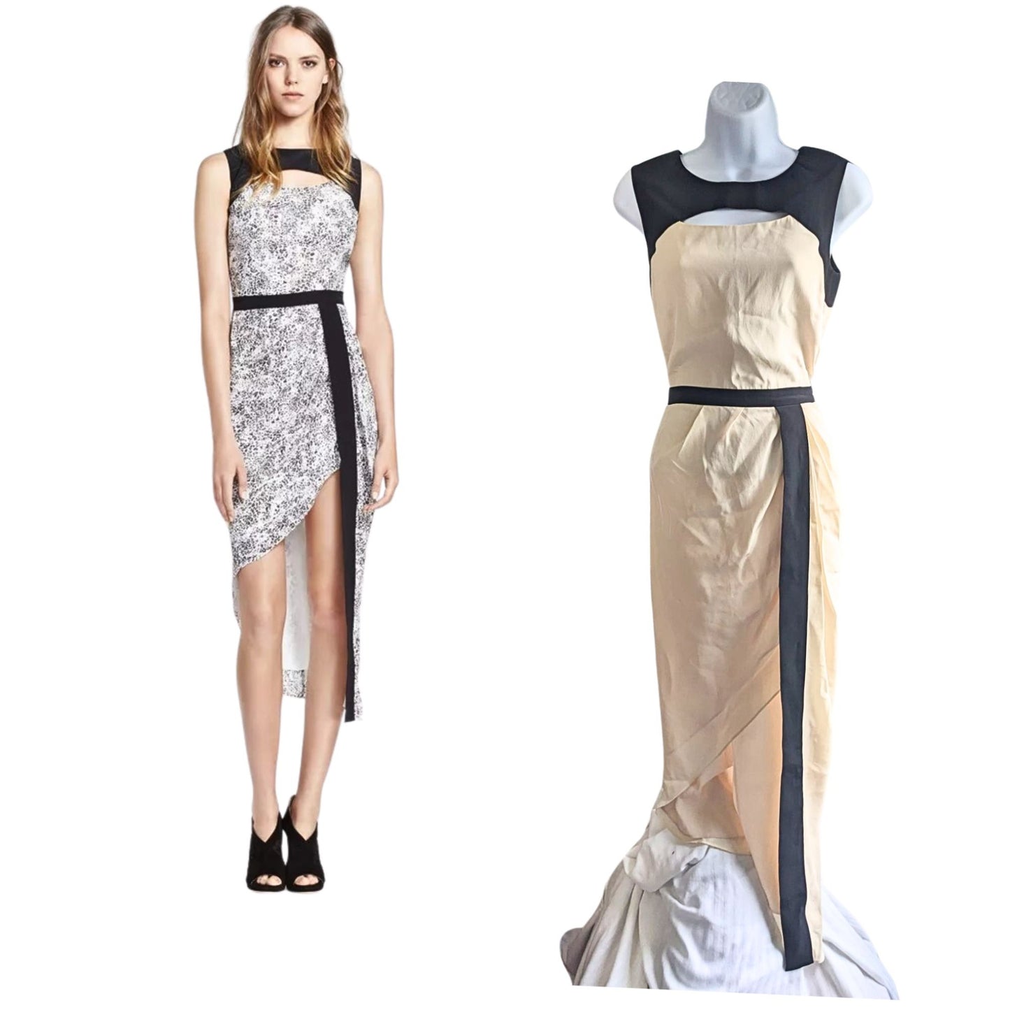 HAUTE HIPPIE Black & Cream Clara 100% Silk Georgette Asymmetrical Midi Dress Size 4
