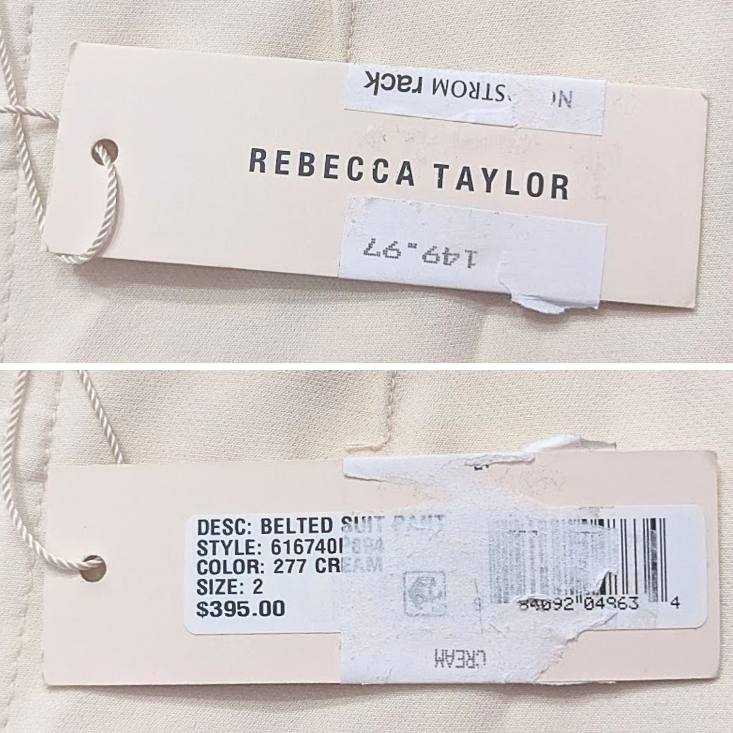 NWT REBECCA TAYLOR Cream High-Rise Straight Belted Suit Pant Size 2 MSRP $365