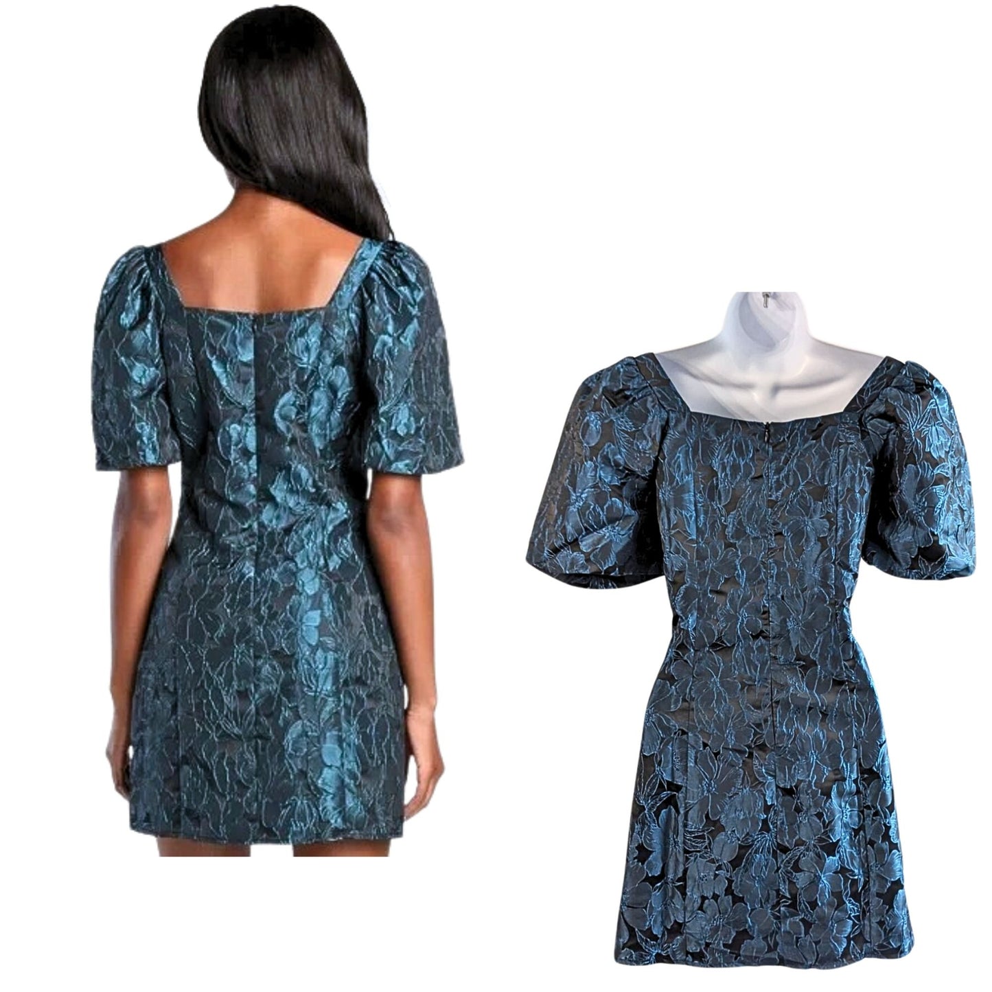 NWT LULUS Beyond Amazing Dark Teal Blue Floral Jacquard Puff Sleeve Dress Size M