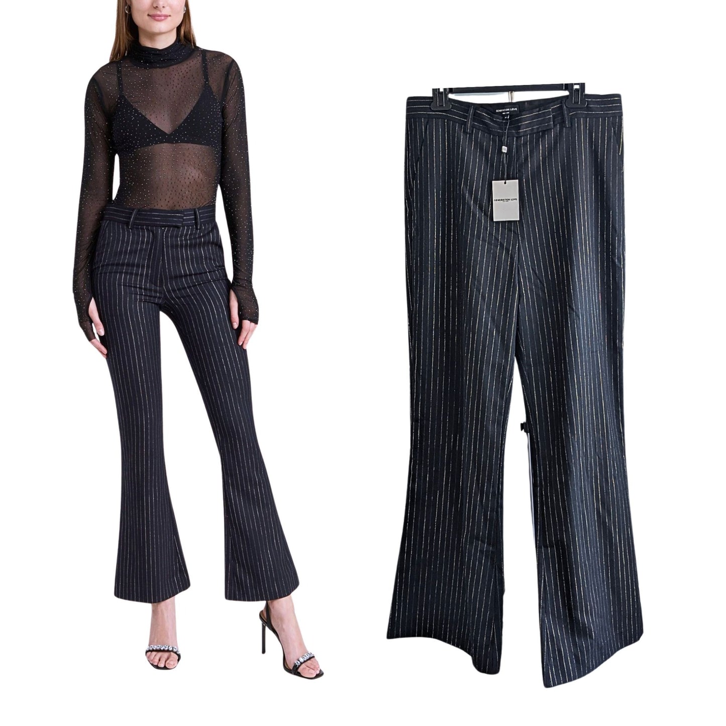 NWT GENERATION LOVE Jack Black Gold Pinstripe Wool Blend Flare Leg Pants Size 14