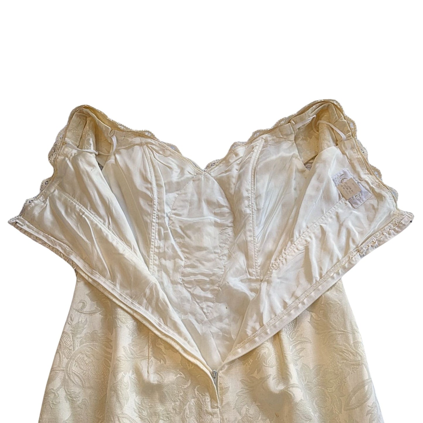 Vintage 80s LORALIE Ivory Romanian Macramé Lace Damask Wedding Sheath Dress Sz12