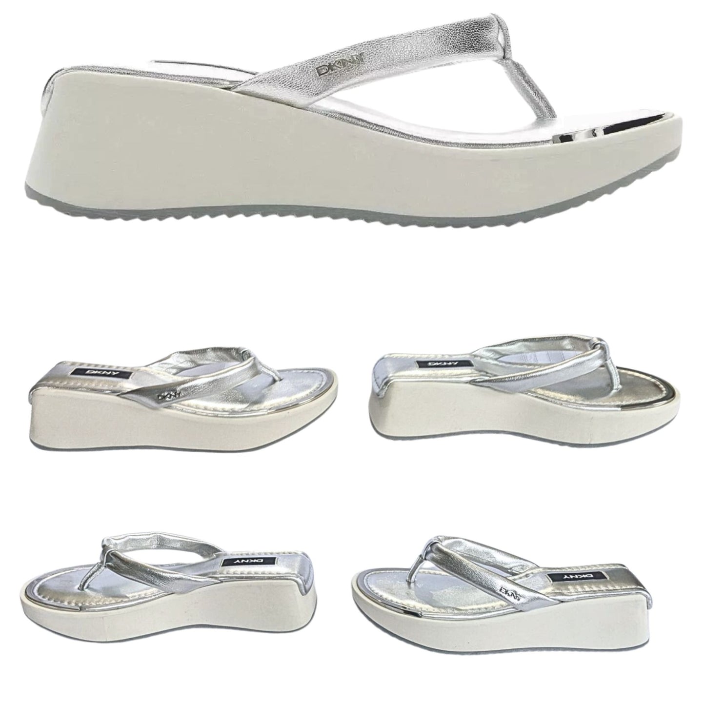 NWT Vtg Y2K DKNY Maeryn Metallic Silver Leather White Platform Flip Flops Sz 7M
