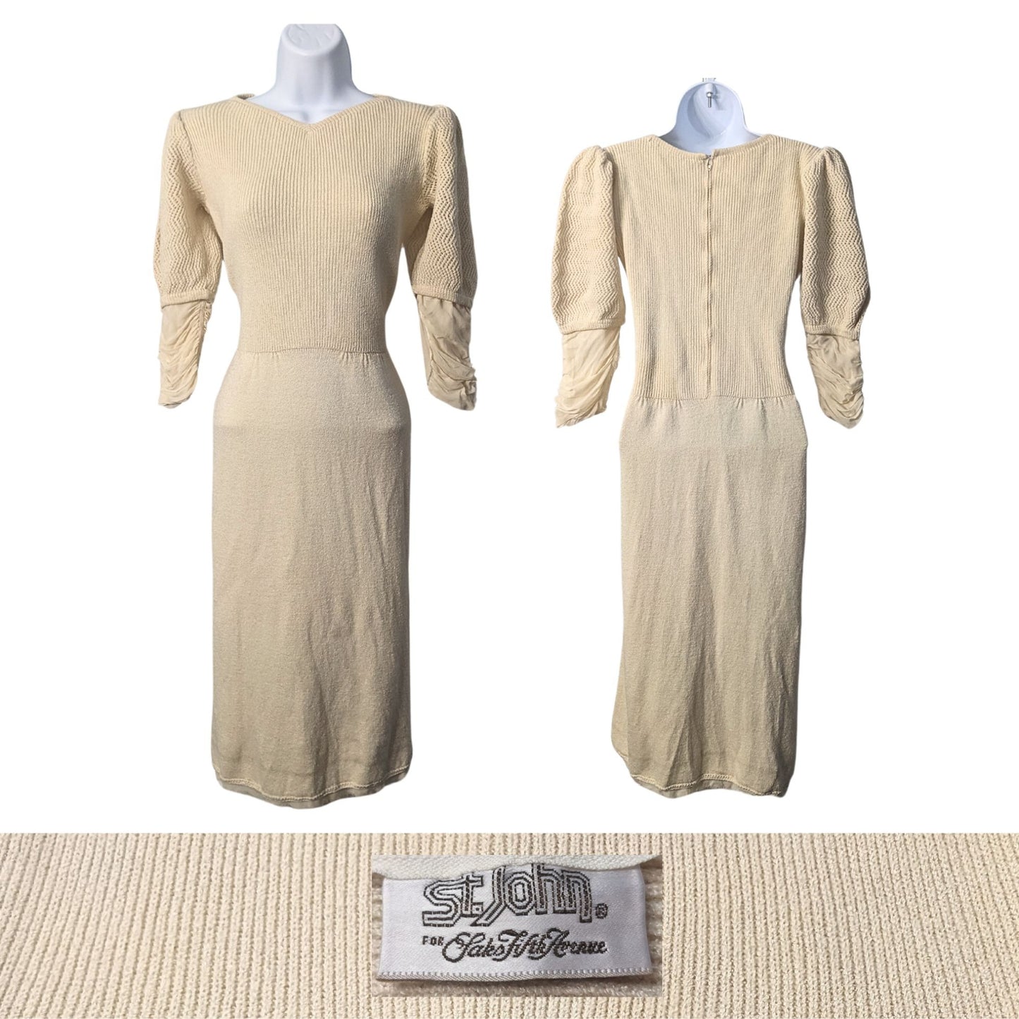 Original Vtg 80s ST. JOHN Ivory Santana Knit Chiffon Fringe Sweaterdress Size M