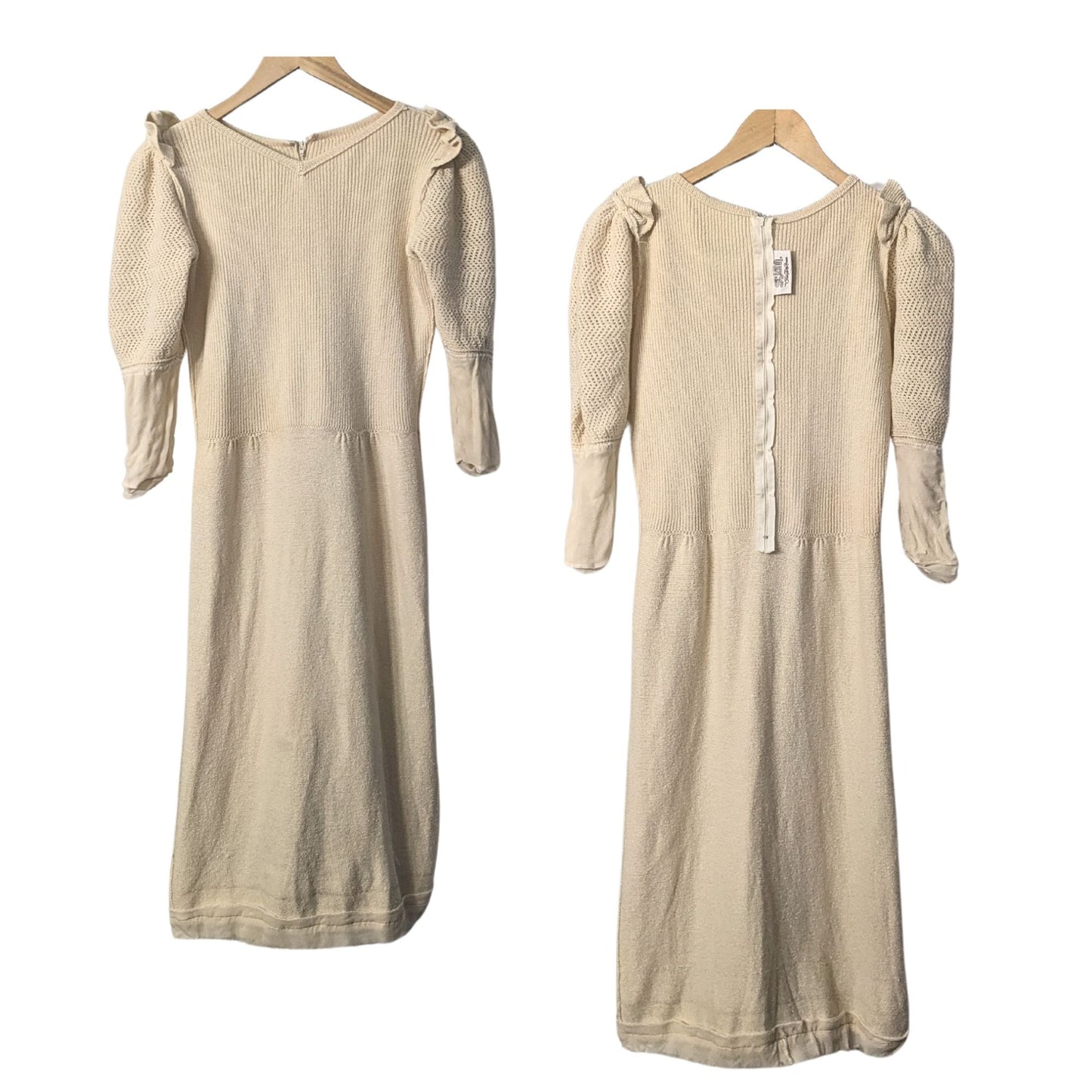 Original Vtg 80s ST. JOHN Ivory Santana Knit Chiffon Fringe Sweaterdress Size M