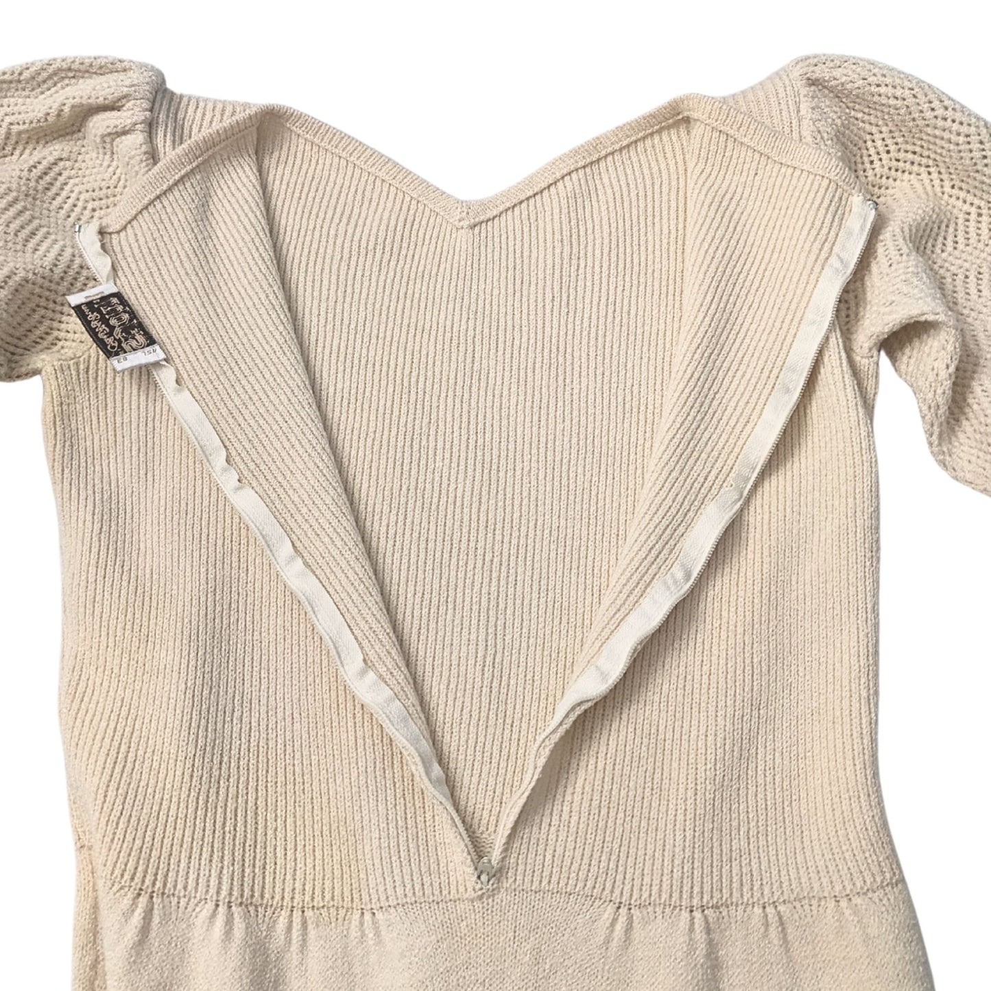 Original Vtg 80s ST. JOHN Ivory Santana Knit Chiffon Fringe Sweaterdress Size M