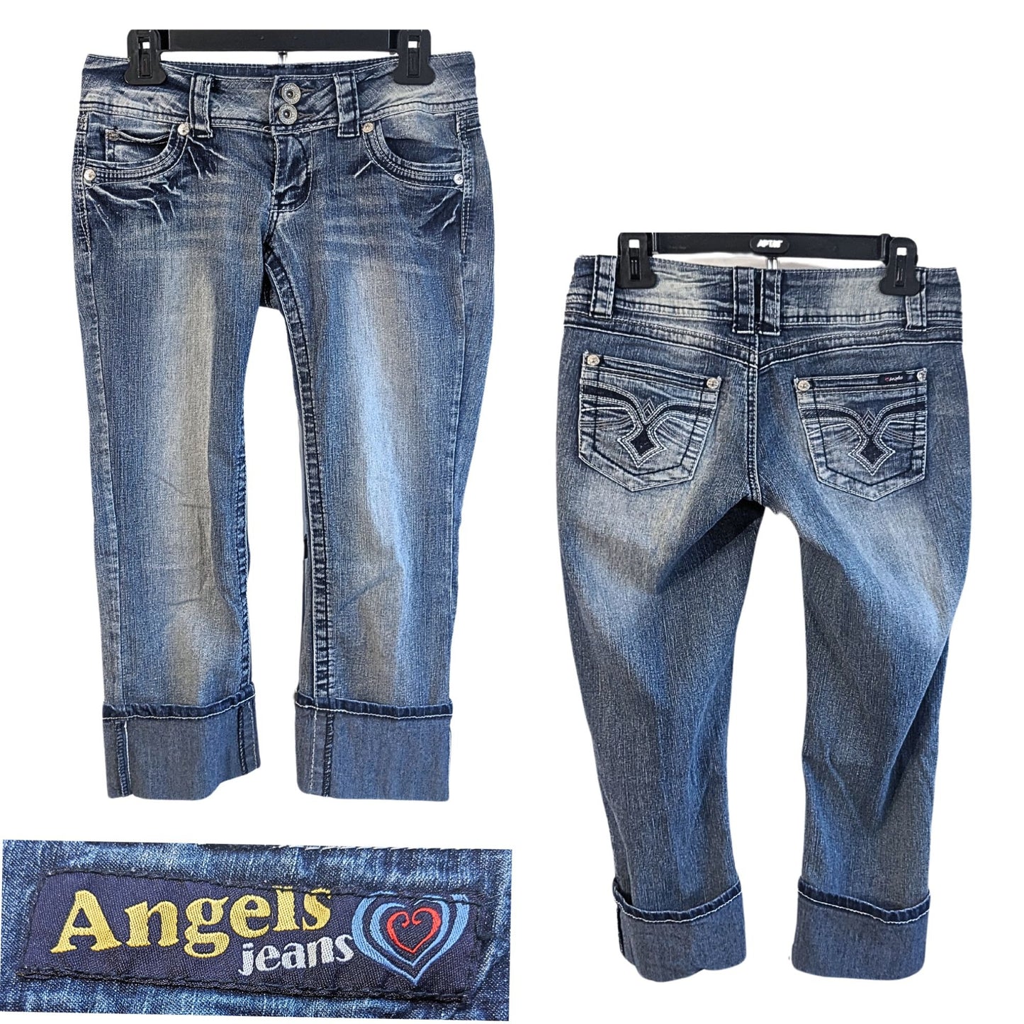 Vintage Y2K ANGELS JEANS McBling Ultra Low Rise Crop Cuff Icy Wash Jeans Size 7
