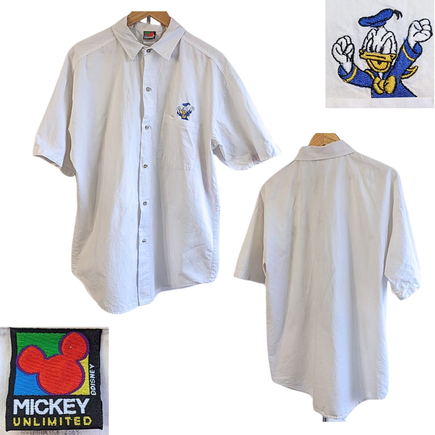 Vtg DISNEY MICKEY UNLIMITED Grumpy Donald White SS Button-Down Shirt Size L