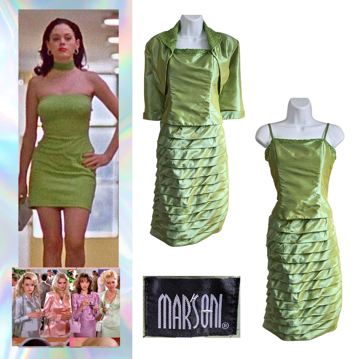 Vtg Y2K MARSONI Avocado Party Dress Jacket Set - The Nanny/Romy & Michele Sz 10