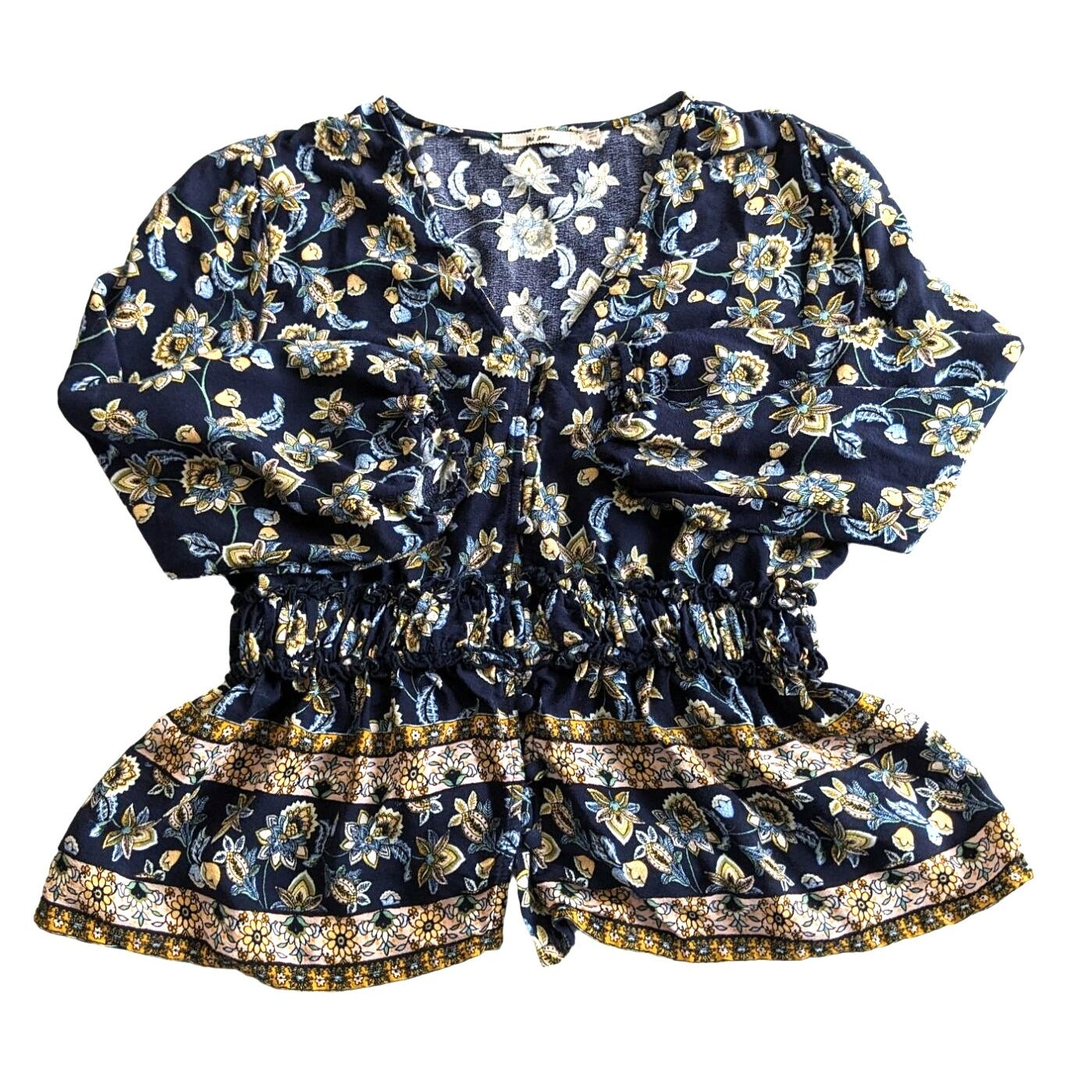 Francesca's MI AMI Blue & Yellow Floral Jacobean Peplum Peasant Top Size S