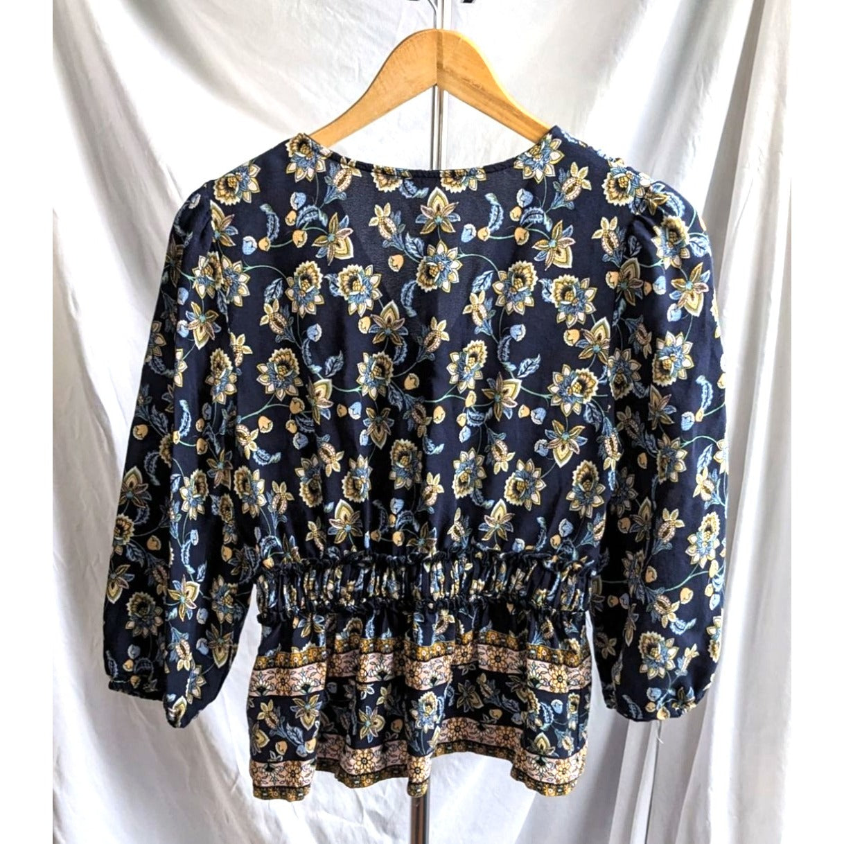 Francesca's MI AMI Blue & Yellow Floral Jacobean Peplum Peasant Top Size S