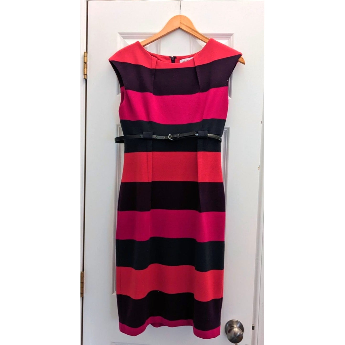 CALVIN KLEIN Colorblock Sheath Dress Orange & Purple w/ Belt Midi Size 4