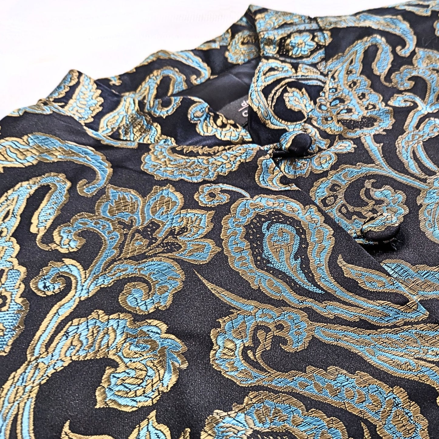 Vtg Y2K DRESSBARN COLLECTION Turquoise Mandarin Jacquard Satin Paisley Blazer M