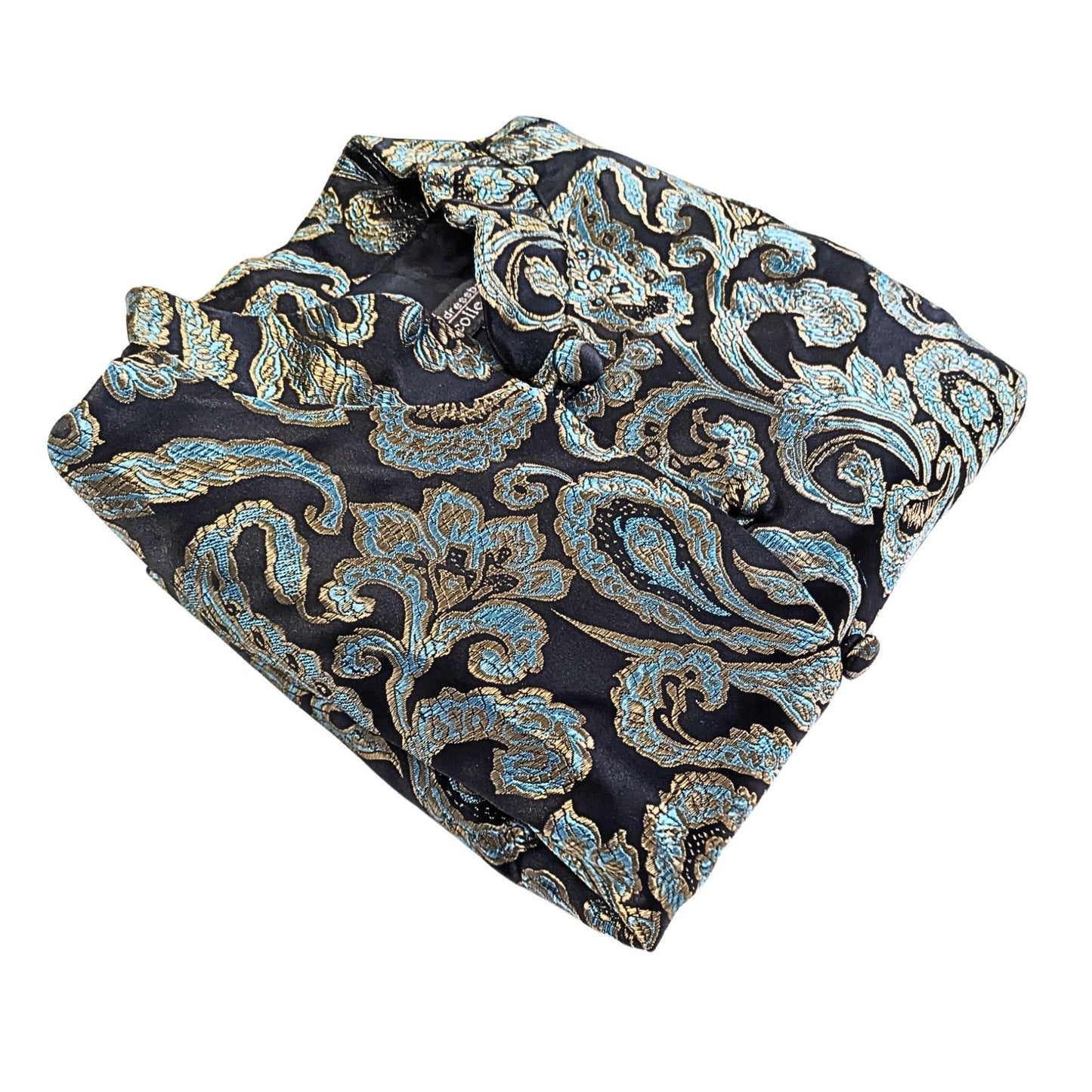 Vtg Y2K DRESSBARN COLLECTION Turquoise Mandarin Jacquard Satin Paisley Blazer M