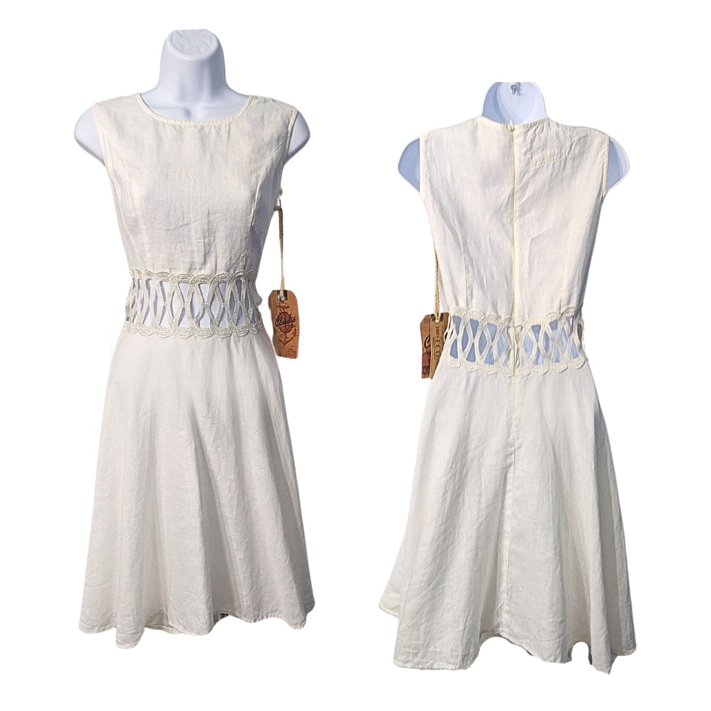 NWT CLAUDIO MILANO White 100% Linen Cut Out Sleeveless Midi Dress #8346 Size M