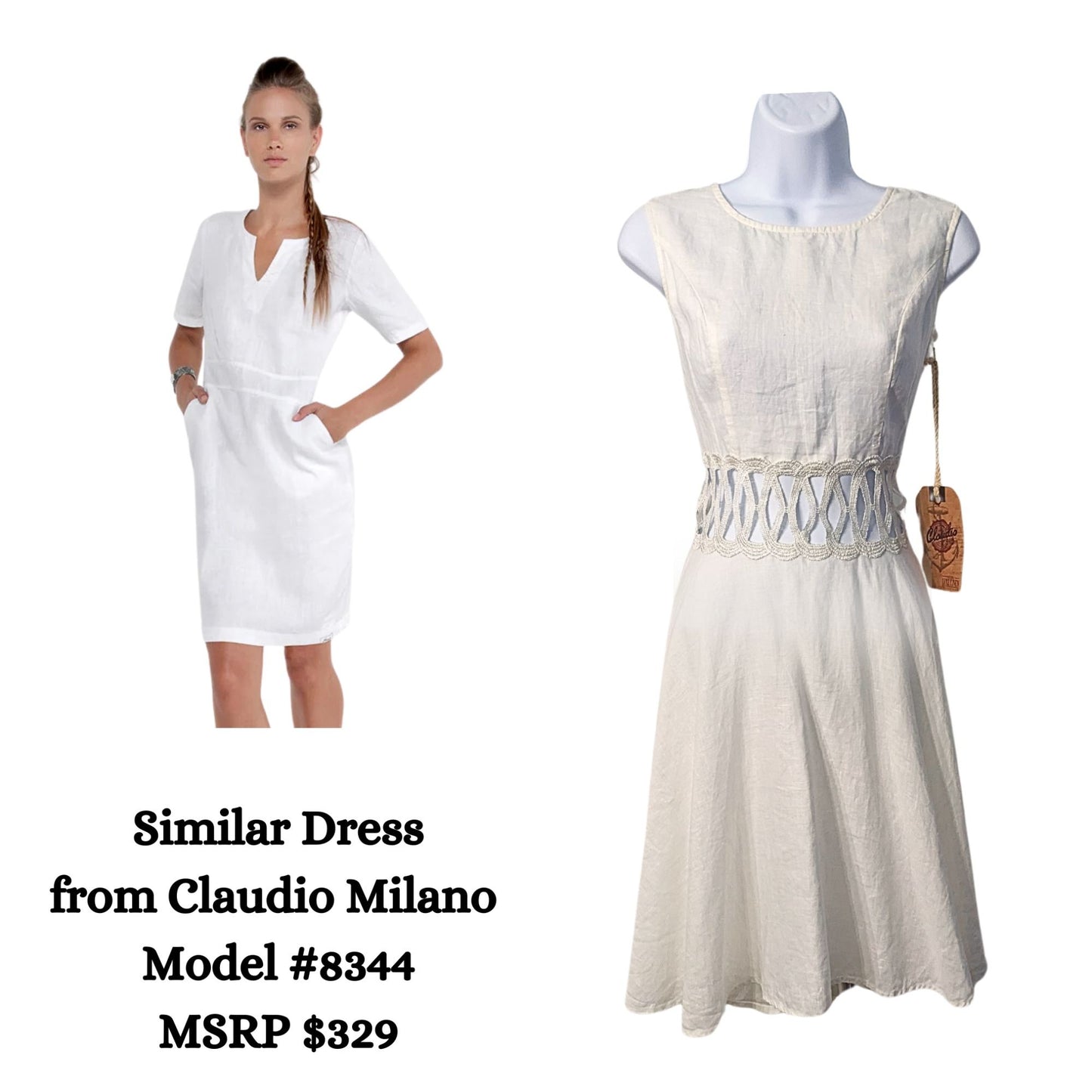 NWT CLAUDIO MILANO White 100% Linen Cut Out Sleeveless Midi Dress #8346 Size M