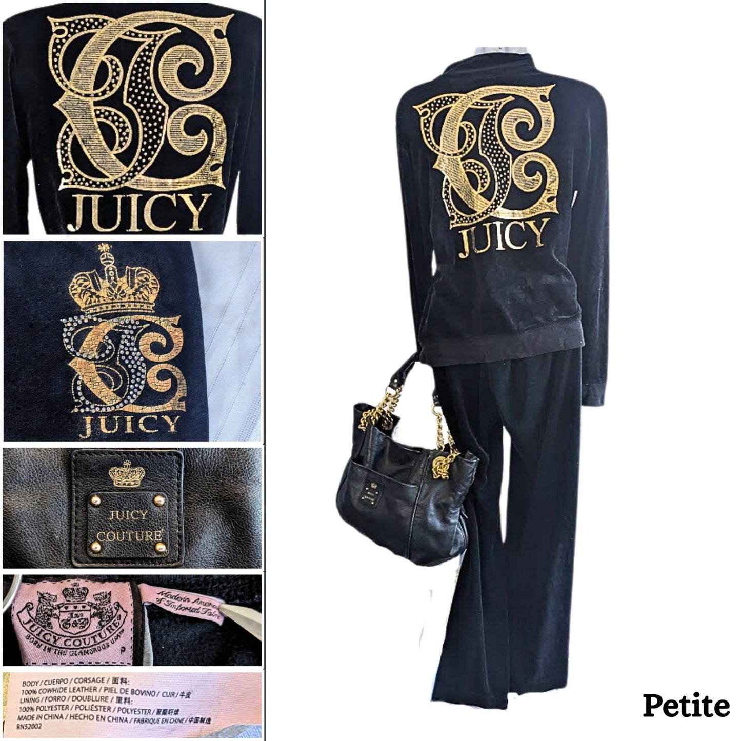 Vtg Y2K JUICY COUTURE 3-pc Velour Tracksuit Matching Set + Bag Top L Pants SP