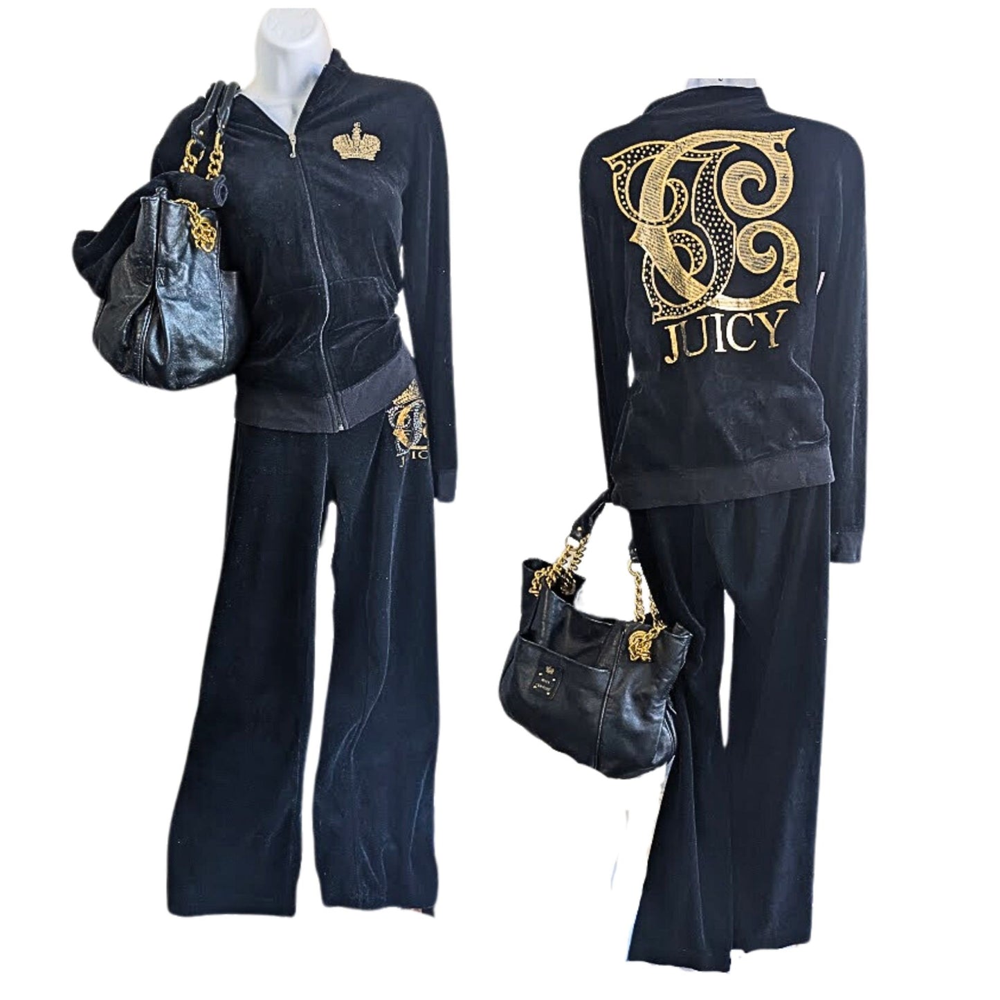 Vtg Y2K JUICY COUTURE 3-pc Velour Tracksuit Matching Set + Bag Top L Pants SP