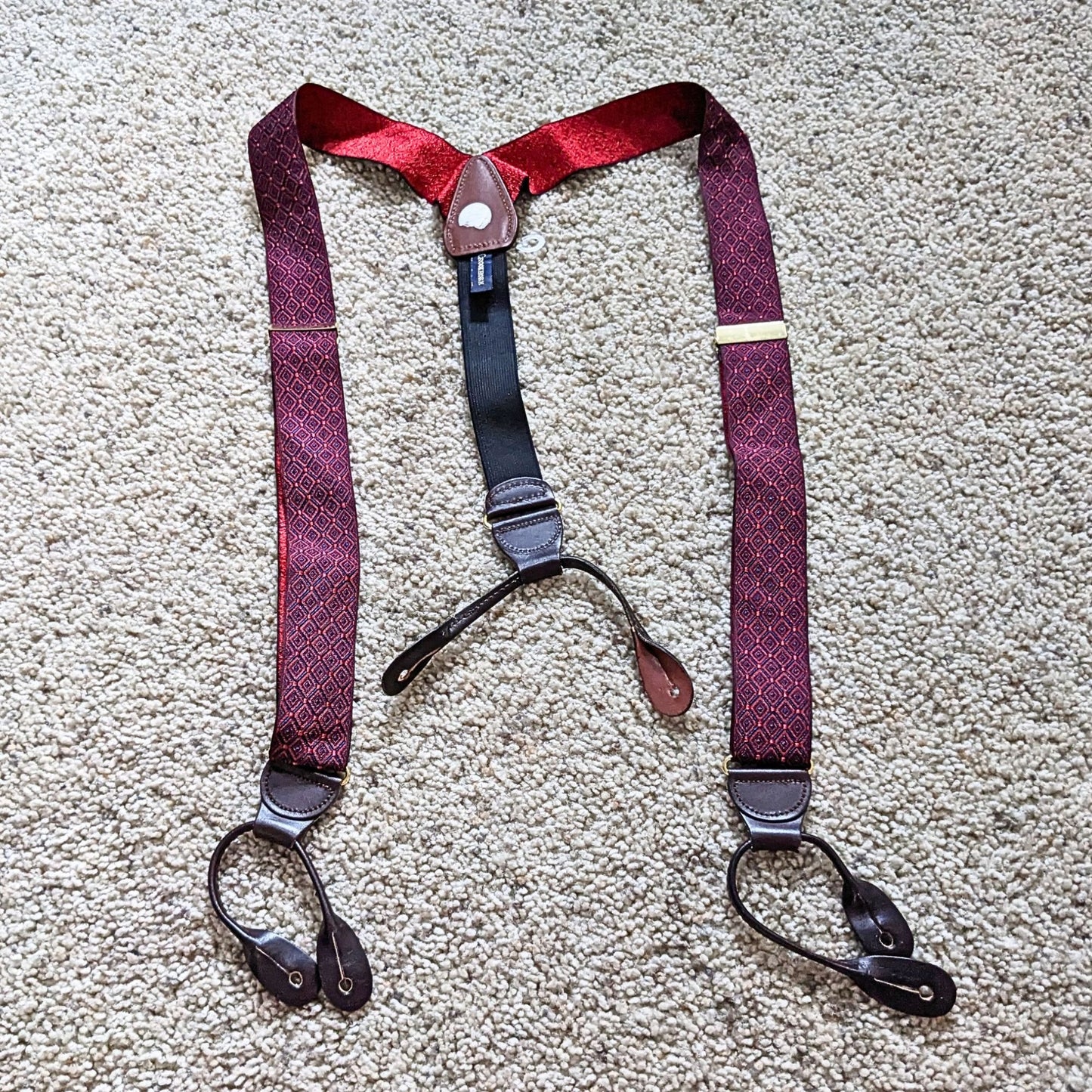 Vintage 60s CROOKHORN Red & Blue Diamond Print Suspenders with Belt Loops - Dark Academia