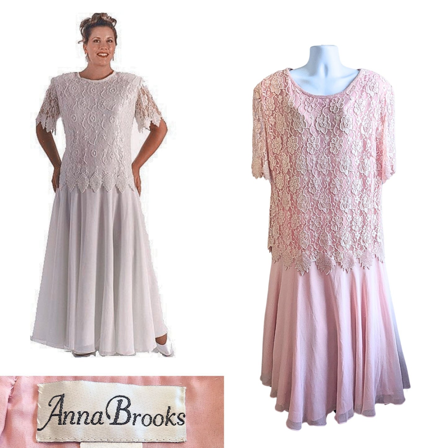 Exquisite Vtg Y2K ANNA BROOKS Pastel Pink Silk Beaded Crepe Chiffon Occasion Dress 4X