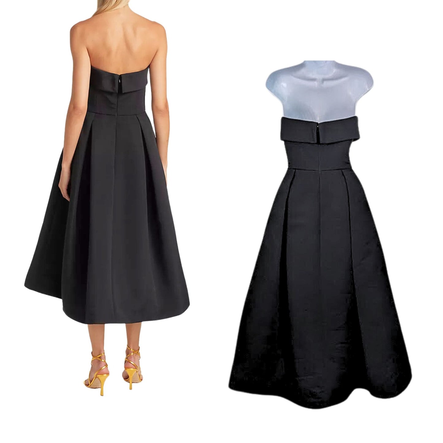 NWT AMSALE Black Faille Foldover Strapless Fit & Flare Midi Dress P386A Size 2
