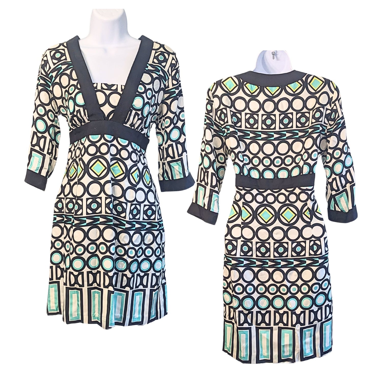 NWT Vintage Y2K MILLY 100% Silk Satin Geometric A-line 3/4 Sleeve Dress Size 6
