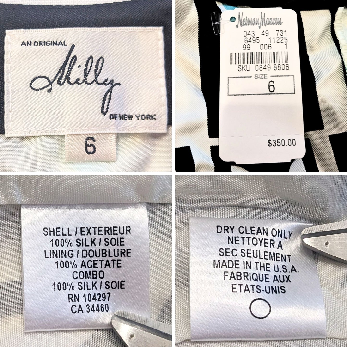 NWT Vintage Y2K MILLY 100% Silk Satin Geometric A-line 3/4 Sleeve Dress Size 6
