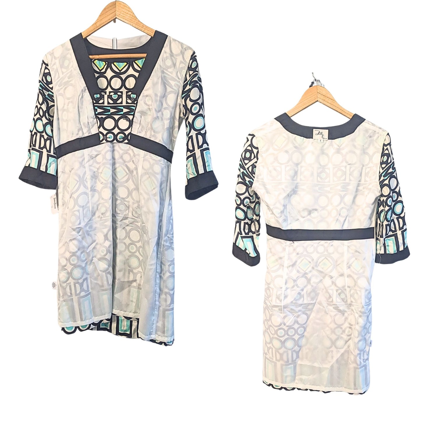 NWT Vintage Y2K MILLY 100% Silk Satin Geometric A-line 3/4 Sleeve Dress Size 6