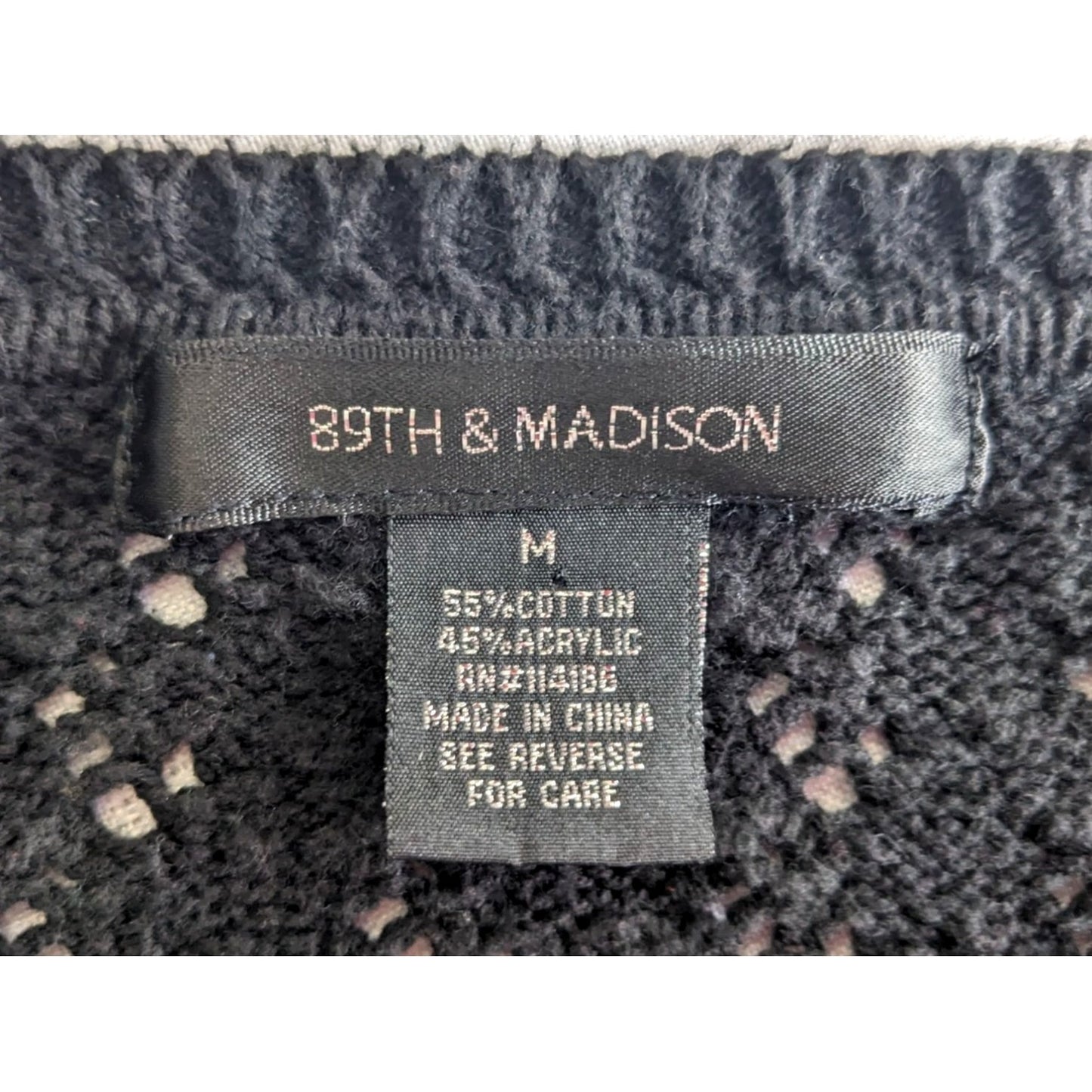 89TH & MADISON Black Crochet Short Sleeve Open Weave Sweater Cotton Blend Size M
