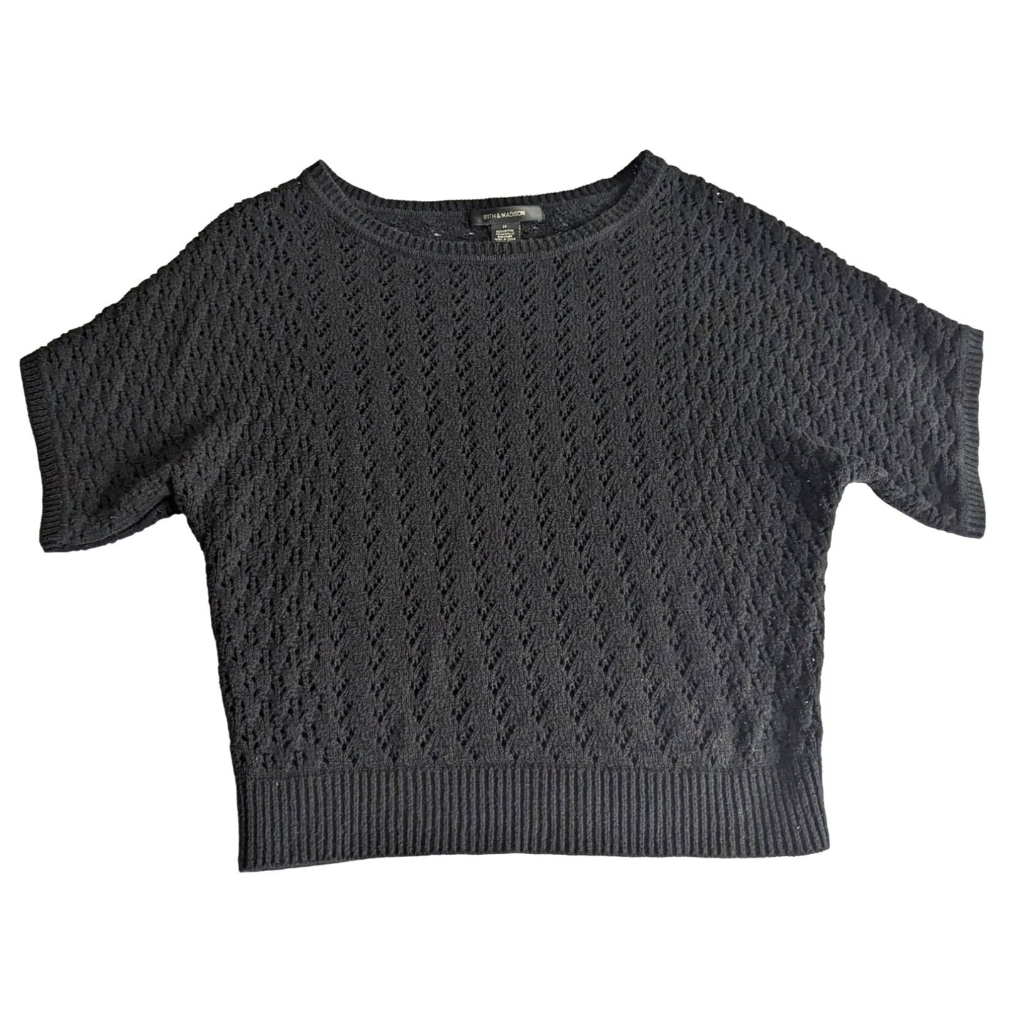 89TH & MADISON Black Crochet Short Sleeve Open Weave Sweater Cotton Blend Size M