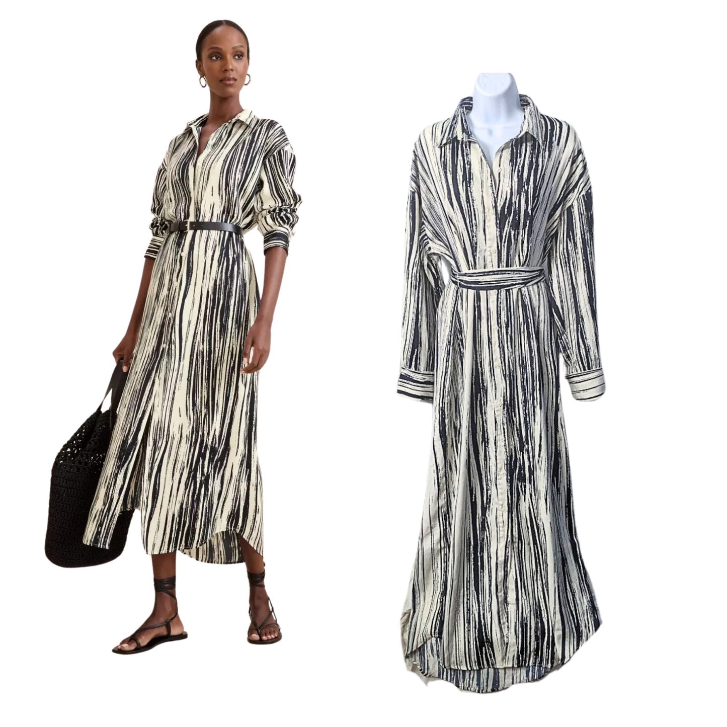 NWT BANANA REPUBLIC Navy White LS Brushstroke Tie-Waist Maxi Shirtdress Size L