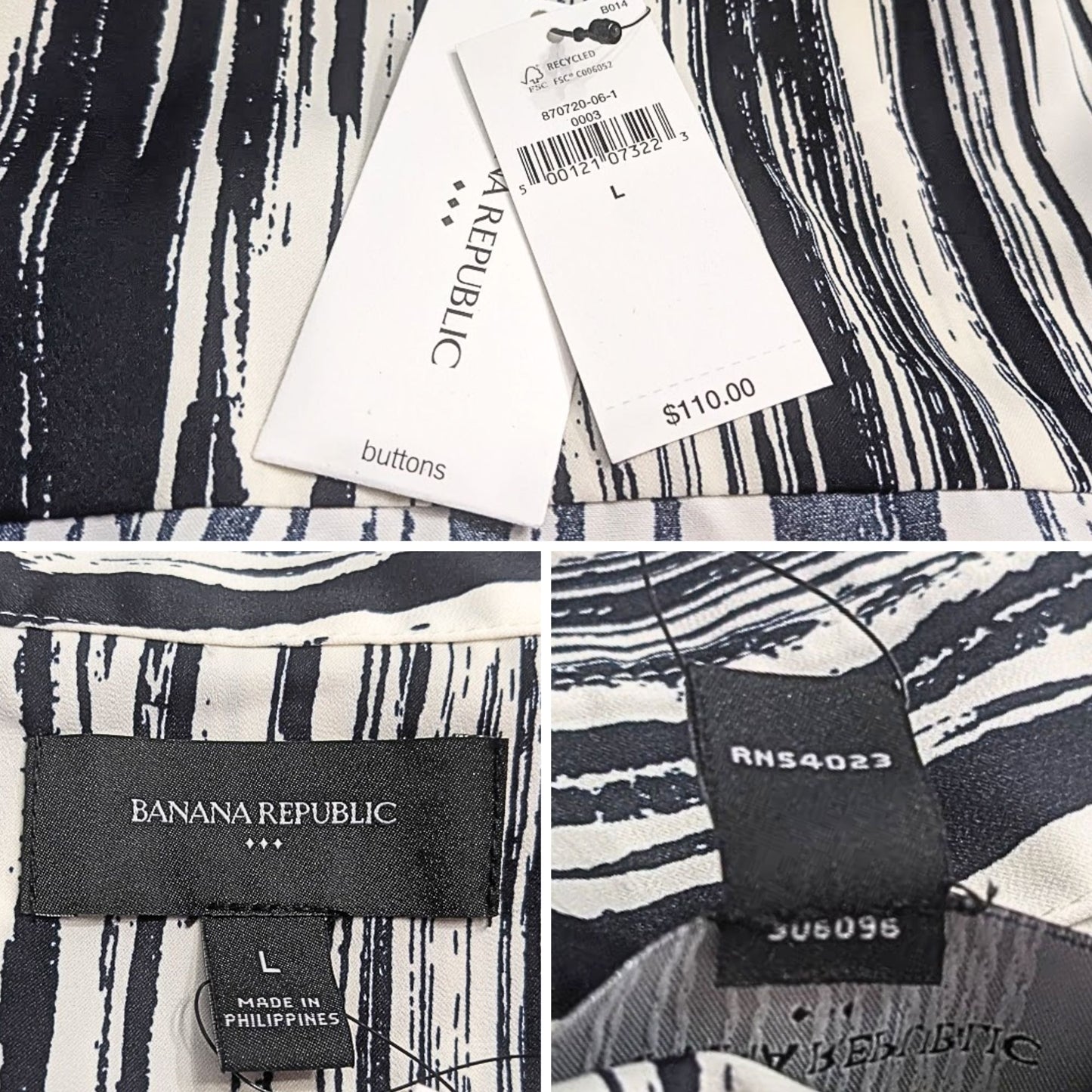 NWT BANANA REPUBLIC Navy White LS Brushstroke Tie-Waist Maxi Shirtdress Size L
