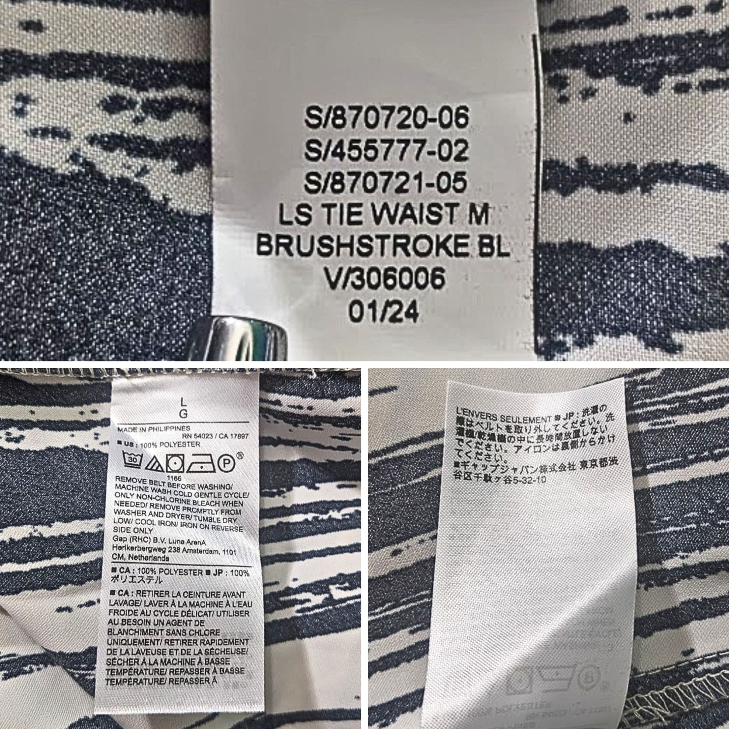 NWT BANANA REPUBLIC Navy White LS Brushstroke Tie-Waist Maxi Shirtdress Size L