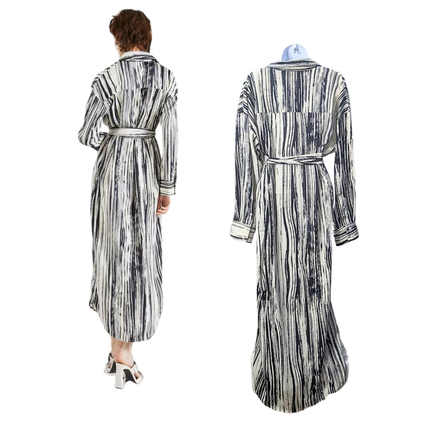 NWT BANANA REPUBLIC Navy White LS Brushstroke Tie-Waist Maxi Shirtdress Size L