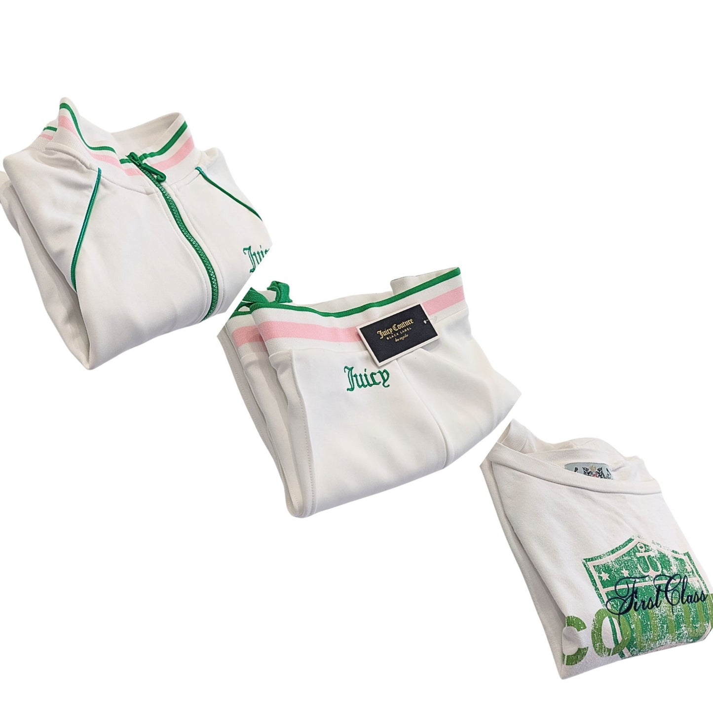 Black Label JUICY COUTURE Yacht Club White Pink Green 3 Pc Tracksuit Set Sz L