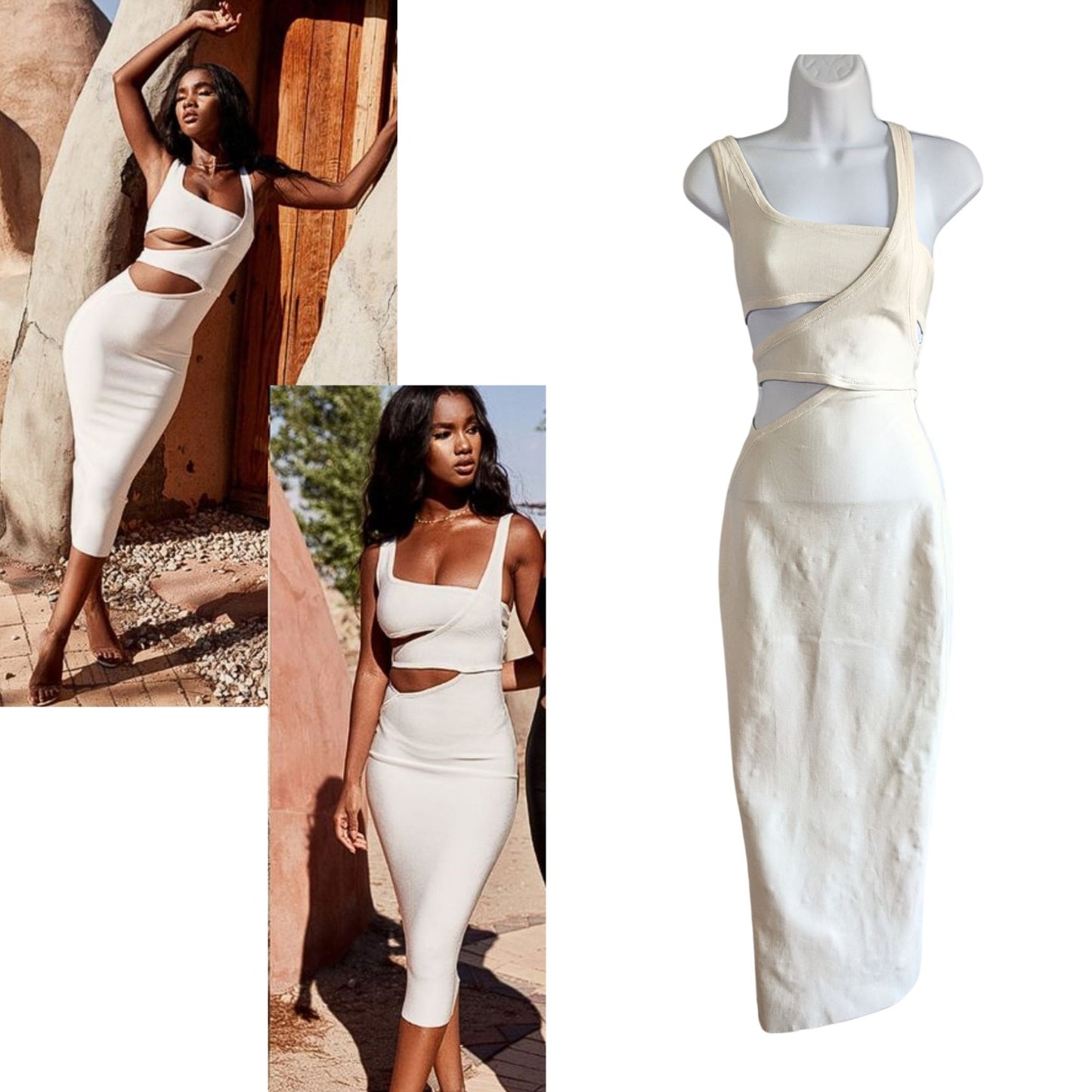 HOUSE OF CB London Ivory Miya Cut Out Crepe Bodycon Dress Size S