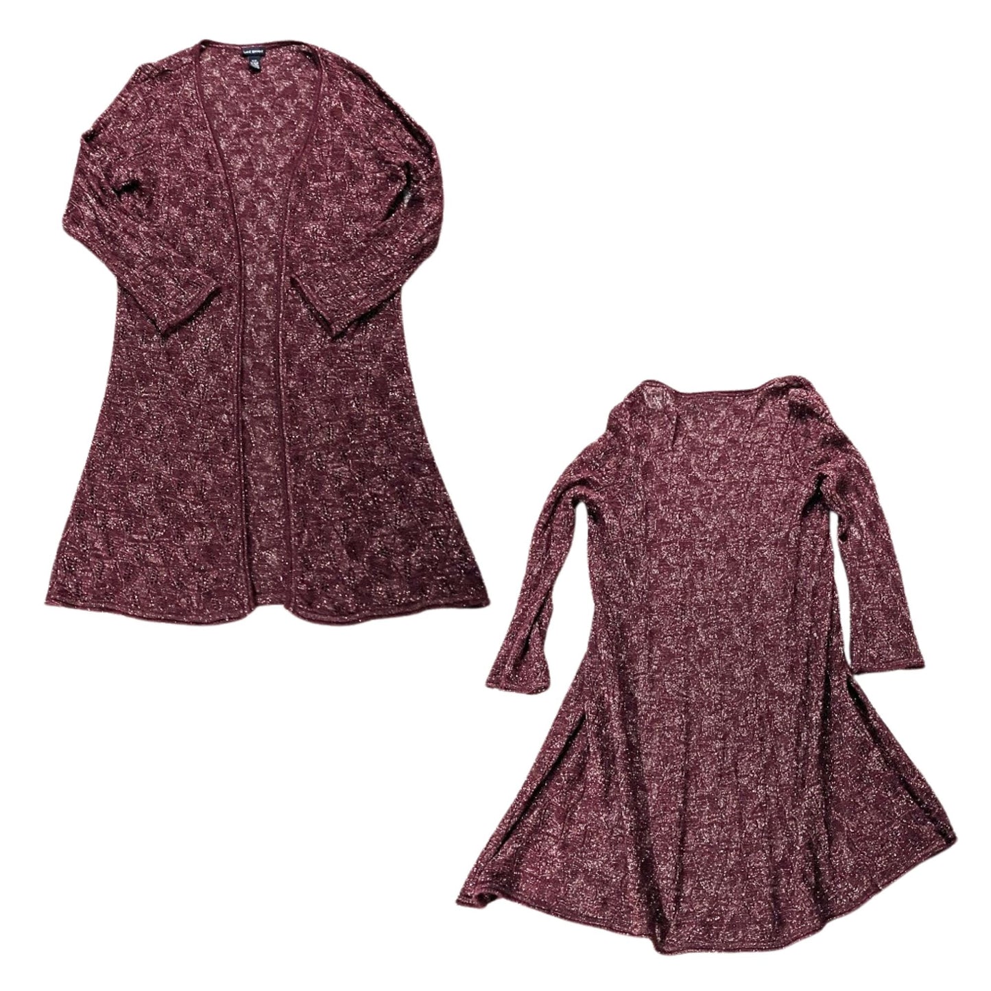 Vtg Y2K LANE BRYANT Maroon Gold Lurex Mohair Open Crochet Duster Cardigan 18/20