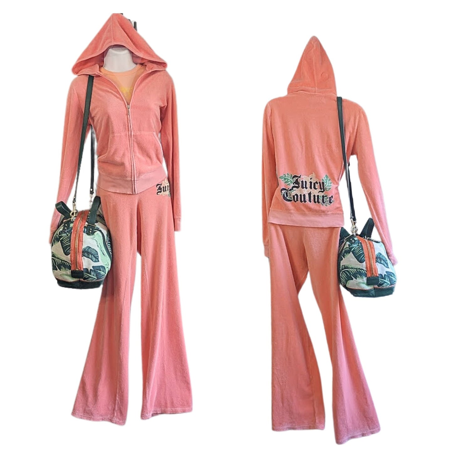 Vtg Y2K JUICY COUTURE 4pc Coral Leaf Terry Tracksuit Matching Set + Satchel Sz S