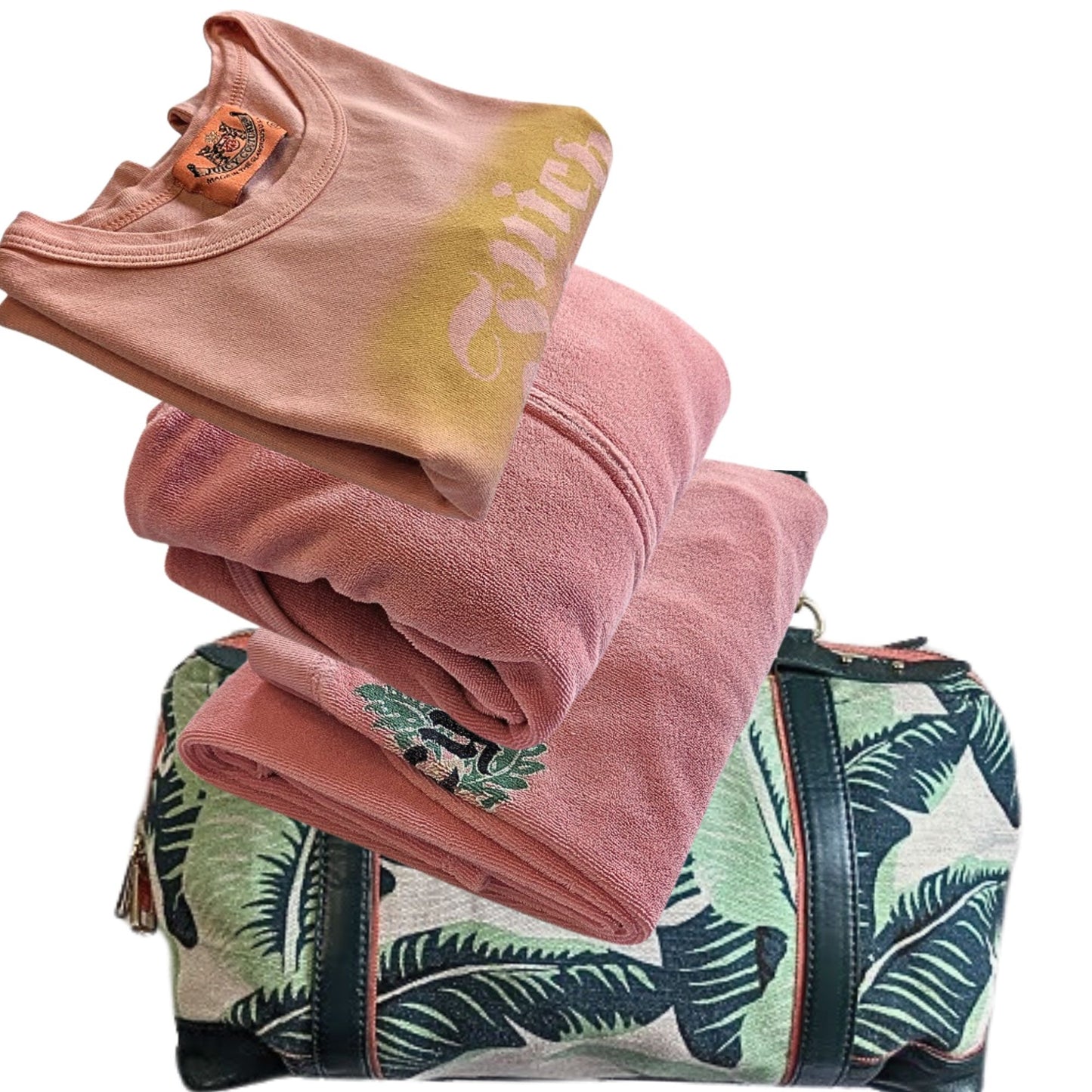 Vtg Y2K JUICY COUTURE 4pc Coral Leaf Terry Tracksuit Matching Set + Satchel Sz S
