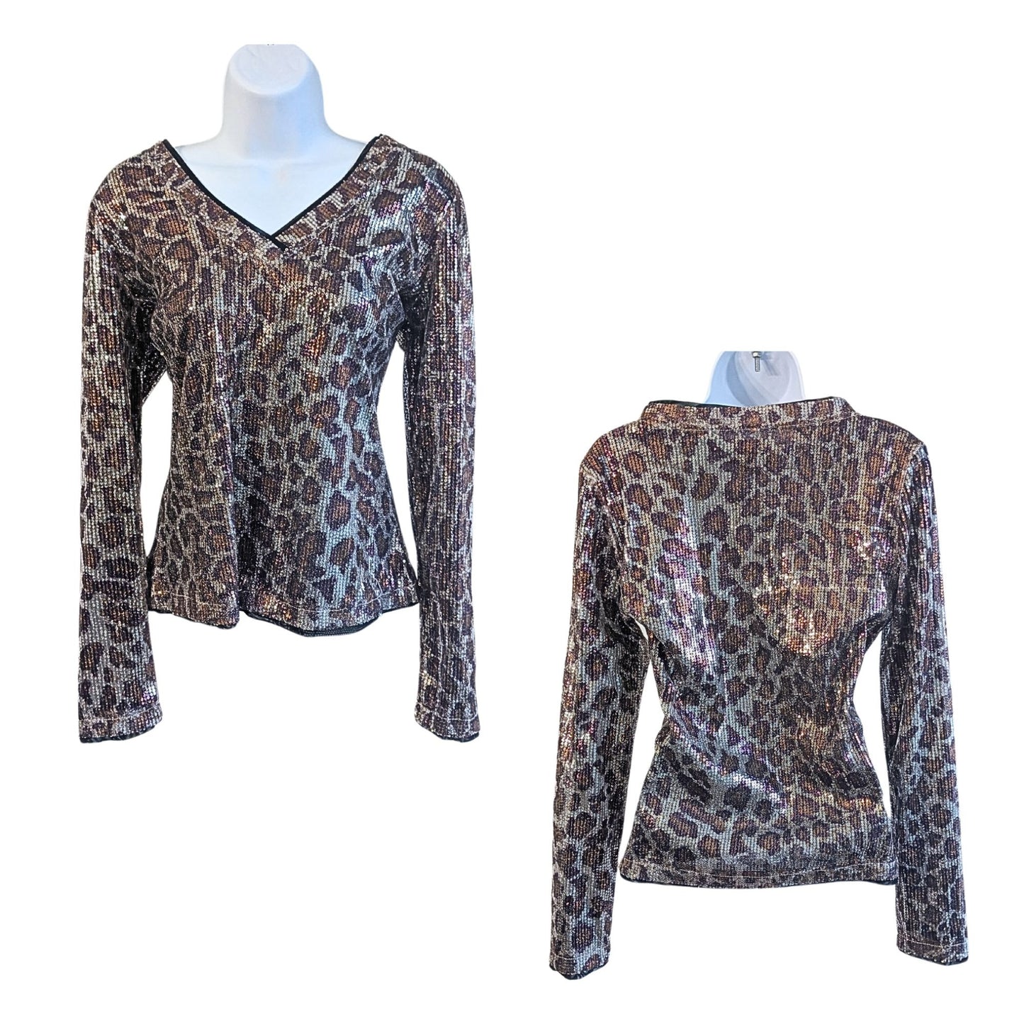 Vtg 90s OLEG CASSINI Platinum Sequin SemiSheer Leopard LS Going Out Top Size S